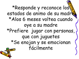 *Responde y reconoce los estados de animo de su madre *Alos 6 meses voltea cuando oye a su madre *Prefiere  jugar con personas, que con juguetes *Se enojan y se emocionan fácilmente 