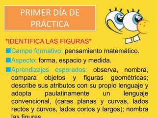 *IDENTIFICA LAS FIGURAS*
Campo formativo: pensamiento matemático.
Aspecto: forma, espacio y medida.
Aprendizajes esperados: observa, nombra,
compara objetos y figuras geométricas;
describe sus atributos con su propio lenguaje y
adopta paulatinamente un lenguaje
convencional, (caras planas y curvas, lados
rectos y curvos, lados cortos y largos); nombra
 
