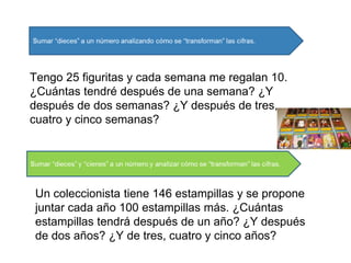 Tengo 25 figuritas y cada semana me regalan 10.
¿Cuántas tendré después de una semana? ¿Y
después de dos semanas? ¿Y después de tres,
cuatro y cinco semanas?
Un coleccionista tiene 146 estampillas y se propone
juntar cada año 100 estampillas más. ¿Cuántas
estampillas tendrá después de un año? ¿Y después
de dos años? ¿Y de tres, cuatro y cinco años?
 