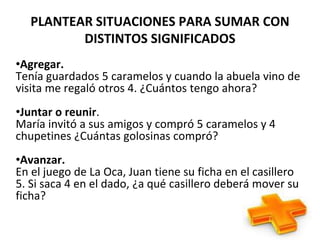 PLANTEAR SITUACIONES PARA SUMAR CON
DISTINTOS SIGNIFICADOS
•Agregar.
Tenía guardados 5 caramelos y cuando la abuela vino de
visita me regaló otros 4. ¿Cuántos tengo ahora?
•Juntar o reunir.
María invitó a sus amigos y compró 5 caramelos y 4
chupetines ¿Cuántas golosinas compró?
•Avanzar.
En el juego de La Oca, Juan tiene su ficha en el casillero
5. Si saca 4 en el dado, ¿a qué casillero deberá mover su
ficha?
 