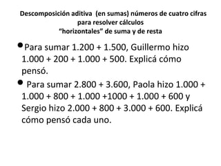 Descomposición aditiva (en sumas) números de cuatro cifras
para resolver cálculos
“horizontales” de suma y de resta
•Para sumar 1.200 + 1.500, Guillermo hizo
1.000 + 200 + 1.000 + 500. Explicá cómo
pensó.
•Para sumar 2.800 + 3.600, Paola hizo 1.000 +
1.000 + 800 + 1.000 +1000 + 1.000 + 600 y
Sergio hizo 2.000 + 800 + 3.000 + 600. Explicá
cómo pensó cada uno.
 