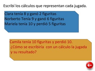 Escribí los cálculos que representan cada jugada.
Camila tenía 10 figuritas y perdió 10.
¿Cómo se escribiría con un cálculo la jugada
y su resultado?
Clara tenía 8 y ganó 2 figuritas
Norberto Tenía 9 y ganó 6 figuritas
Mariela tenía 10 y perdió 5 figuritas
 