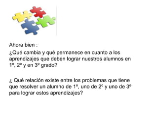 Ahora bien :
¿Qué cambia y qué permanece en cuanto a los
aprendizajes que deben lograr nuestros alumnos en
1º, 2º y en 3º grado?
¿ Qué relación existe entre los problemas que tiene
que resolver un alumno de 1º, uno de 2º y uno de 3º
para lograr estos aprendizajes?
 