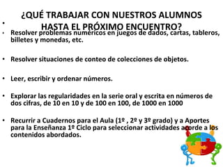 ¿QUÉ TRABAJAR CON NUESTROS ALUMNOS
HASTA EL PRÓXIMO ENCUENTRO?
•
• Resolver problemas numéricos en juegos de dados, cartas, tableros,
billetes y monedas, etc.
• Resolver situaciones de conteo de colecciones de objetos.
• Leer, escribir y ordenar números.
• Explorar las regularidades en la serie oral y escrita en números de
dos cifras, de 10 en 10 y de 100 en 100, de 1000 en 1000
• Recurrir a Cuadernos para el Aula (1º , 2º y 3º grado) y a Aportes
para la Enseñanza 1º Ciclo para seleccionar actividades acorde a los
contenidos abordados.
 