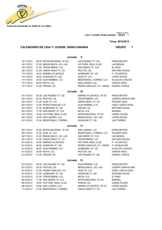 Página 3 de 9
                                                        LIGA 1ª JUVENIL GRAN CANARIA    GRUPO 1


                                                                              Temp. 2012/2013

CALENDARIO DE LIGA 1ª JUVENIL GRAN CANARIA                                         GRUPO               1


                                        Jornada     9
16/11/2012   20:30   INTER-NACIONAL "A",CD        LAS PALMAS "C", UD.           PARQ.DEPORT.
16/11/2012   21:00   MESAS BACH., UD. LAS         VICTORIA, REAL CLUB           LAS MESAS
16/11/2012   21:00   TEROR BMPIE, U.D.            SAN ISIDRO "A", S.D.          EL PINO
16/11/2012   21:00   UNION VIERA "C", CF.         PILETAS, UD.                  ANTONIO ROJAS
17/11/2012   18:00   BARRIO ATLANTICO.            ALMENARA "A", UD.             P. ATLANTICO
17/11/2012   20:00   HURACAN "C", AD.             GUIA "A", U.D.                LOPEZ SOCAS
17/11/2012   20:00   GUAYARMINA, C.D.             MEDIFONSA L.TORRES, U.D.      ALCALDE A.RGUEZ
17/11/2012   20:00   MOYA, U.D.                   SAN LAZARO, U.D.              GARCIA HDEZ.
17/11/2012   21:00   FIRGAS, CD.                  PEDRO HIDALGO, C.F. UNION     DOMGO. PONCE

                                        Jornada    10
23/11/2012   20:30   LAS PALMAS "C", UD.          BARRIO ATLANTICO. "B",CF.     PARQ.DEPORT.
23/11/2012   20:30   PILETAS, UD.                 TEROR BMPIE, U.D.             JOSEPH GARCIA UMP.
23/11/2012   21:00   GUIA "A", U.D.               UNION VIERA "C", CF.          POLIDEP.GUIA
23/11/2012   21:00   PEDRO HIDALGO, C.F.          GUAYARMINA, C.D.              JOSE V.SEPULVEDA
23/11/2012   21:00   ALMENARA "A", UD.            FIRGAS, CD.                   ANTONIO ROJAS
24/11/2012   17:30   SAN ISIDRO "A", S.D.         MOYA, U.D.                    BARRIAL
24/11/2012   18:00   VICTORIA, REAL CLUB          INTER-NACIONAL "A",CD         JORGE PULIDO
24/11/2012   18:00   SAN LAZARO, U.D.             MESAS BACH., UD. LAS          LOPEZ SOCAS
27/11/2012   21:00   MEDIFONSA L.TORRES,          HURACAN "C", AD.              LAS TORRES

                                        Jornada    11
30/11/2012   20:30   INTER-NACIONAL "A",CD        SAN LAZARO, U.D.              PARQ.DEPORT.
30/11/2012   21:00   GUIA "A", U.D.               MEDIFONSA L.TORRES, U.D.      POLIDEP.GUIA
30/11/2012   21:00   MESAS BACH., UD. LAS         SAN ISIDRO "A", S.D.          LAS MESAS
30/11/2012   21:00   UNION VIERA "C", CF.         TEROR BMPIE, U.D.             ANTONIO ROJAS
01/12/2012   18:00   BARRIO ATLANTICO.            VICTORIA, REAL CLUB           P. ATLANTICO
01/12/2012   20:00   HURACAN "C", AD.             PEDRO HIDALGO, C.F. UNION     P. GONÇALVEZ
01/12/2012   20:00   GUAYARMINA, C.D.             ALMENARA "A", UD.             ALCALDE A.RGUEZ
01/12/2012   20:00   MOYA, U.D.                   PILETAS, UD.                  GARCIA HDEZ.
01/12/2012   21:00   FIRGAS, CD.                  LAS PALMAS "C", UD.           DOMGO. PONCE

                                        Jornada    12
07/12/2012   20:30   LAS PALMAS "C", UD.          GUAYARMINA, C.D.              PARQ.DEPORT.
07/12/2012   20:30   PILETAS, UD.                 MESAS BACH., UD. LAS          JOSEPH GARCIA UMP.
07/12/2012   21:00   PEDRO HIDALGO, C.F.          GUIA "A", U.D.                JOSE V.SEPULVEDA
07/12/2012   21:00   ALMENARA "A", UD.            HURACAN "C", AD.              ANTONIO ROJAS
07/12/2012   21:00   TEROR BMPIE, U.D.            MOYA, U.D.                    EL PINO
08/12/2012   17:30   SAN ISIDRO "A", S.D.         INTER-NACIONAL "A",CD         BARRIAL
08/12/2012   18:00   VICTORIA, REAL CLUB          FIRGAS, CD.                   JORGE PULIDO
08/12/2012   18:00   SAN LAZARO, U.D.             BARRIO ATLANTICO. "B",CF.     LOPEZ SOCAS
11/12/2012   21:00   MEDIFONSA L.TORRES,          UNION VIERA "C", CF.          LAS TORRES
 