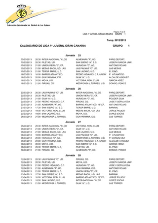 Página 7 de 9
                                                        LIGA 1ª JUVENIL GRAN CANARIA    GRUPO 1


                                                                              Temp. 2012/2013

CALENDARIO DE LIGA 1ª JUVENIL GRAN CANARIA                                         GRUPO               1


                                        Jornada    25
15/03/2013   20:30   INTER-NACIONAL "A",CD        ALMENARA "A", UD.             PARQ.DEPORT.
15/03/2013   20:30   PILETAS, UD.                 SAN ISIDRO "A", S.D.          JOSEPH GARCIA UMP.
15/03/2013   21:00   UNION VIERA "C", CF.         HURACAN "C", AD.              ANTONIO ROJAS
15/03/2013   21:00   MESAS BACH., UD. LAS         LAS PALMAS "C", UD.           LAS MESAS
15/03/2013   21:00   TEROR BMPIE, U.D.            SAN LAZARO, U.D.              EL PINO
16/03/2013   18:00   BARRIO ATLANTICO.            PEDRO HIDALGO, C.F. UNION     P. ATLANTICO
16/03/2013   20:00   GUAYARMINA, C.D.             GUIA "A", U.D.                ALCALDE A.RGUEZ
16/03/2013   20:00   MOYA, U.D.                   VICTORIA, REAL CLUB           GARCIA HDEZ.
16/03/2013   21:00   FIRGAS, CD.                  MEDIFONSA L.TORRES, U.D.      DOMGO. PONCE

                                        Jornada    26
22/03/2013   20:30   LAS PALMAS "C", UD.          INTER-NACIONAL "A",CD         PARQ.DEPORT.
22/03/2013   20:30   PILETAS, UD.                 UNION VIERA "C", CF.          JOSEPH GARCIA UMP.
22/03/2013   21:00   GUIA "A", U.D.               HURACAN "C", AD.              POLIDEP.GUIA
22/03/2013   21:00   PEDRO HIDALGO, C.F.          FIRGAS, CD.                   JOSE V.SEPULVEDA
22/03/2013   21:00   ALMENARA "A", UD.            BARRIO ATLANTICO. "B",CF.     ANTONIO ROJAS
23/03/2013   17:30   SAN ISIDRO "A", S.D.         TEROR BMPIE, U.D.             BARRIAL
23/03/2013   18:00   VICTORIA, REAL CLUB          MESAS BACH., UD. LAS          JORGE PULIDO
23/03/2013   18:00   SAN LAZARO, U.D.             MOYA, U.D.                    LOPEZ SOCAS
26/03/2013   21:00   MEDIFONSA L.TORRES,          GUAYARMINA, C.D.              LAS TORRES

                                        Jornada    27
05/04/2013   20:30   INTER-NACIONAL "A",CD        VICTORIA, REAL CLUB           PARQ.DEPORT.
05/04/2013   21:00   UNION VIERA "C", CF.         GUIA "A", U.D.                ANTONIO ROJAS
05/04/2013   21:00   MESAS BACH., UD. LAS         SAN LAZARO, U.D.              LAS MESAS
06/04/2013   18:00   BARRIO ATLANTICO.            LAS PALMAS "C", UD.           P. ATLANTICO
06/04/2013   20:00   HURACAN "C", AD.             MEDIFONSA L.TORRES, U.D.      P. GONÇALVEZ
06/04/2013   20:00   GUAYARMINA, C.D.             PEDRO HIDALGO, C.F. UNION     ALCALDE A.RGUEZ
06/04/2013   20:00   MOYA, U.D.                   SAN ISIDRO "A", S.D.          GARCIA HDEZ.
06/04/2013   20:30   TEROR BMPIE, U.D.            PILETAS, UD.                  EL PINO
06/04/2013   21:00   FIRGAS, CD.                  ALMENARA "A", UD.             DOMGO. PONCE

                                        Jornada    28
12/04/2013   20:30   LAS PALMAS "C", UD.          FIRGAS, CD.                   PARQ.DEPORT.
12/04/2013   20:30   PILETAS, UD.                 MOYA, U.D.                    JOSEPH GARCIA UMP.
12/04/2013   21:00   PEDRO HIDALGO, C.F.          HURACAN "C", AD.              JOSE V.SEPULVEDA
12/04/2013   21:00   ALMENARA "A", UD.            GUAYARMINA, C.D.              ANTONIO ROJAS
12/04/2013   21:00   TEROR BMPIE, U.D.            UNION VIERA "C", CF.          EL PINO
13/04/2013   17:30   SAN ISIDRO "A", S.D.         MESAS BACH., UD. LAS          BARRIAL
13/04/2013   18:00   VICTORIA, REAL CLUB          BARRIO ATLANTICO. "B",CF.     JORGE PULIDO
13/04/2013   18:00   SAN LAZARO, U.D.             INTER-NACIONAL "A",CD         LOPEZ SOCAS
16/04/2013   21:00   MEDIFONSA L.TORRES,          GUIA "A", U.D.                LAS TORRES
 