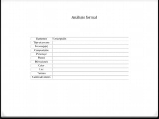 Análisis formal




   Elementos        Descripción
 Tipo de escena
  Personaje(s)
 Composición
  Personaje
   Planos
  Direcciones
     Color
      Luz
    Textura
Centro de interés
 