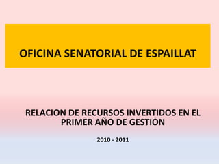 OFICINA SENATORIAL DE ESPAILLAT RELACION DE RECURSOS INVERTIDOS EN EL PRIMER AÑO DE GESTION 2010 - 2011 