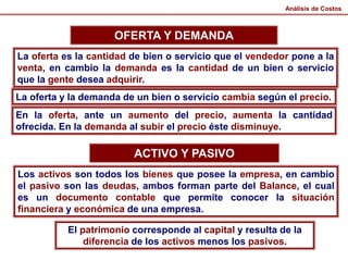 Análisis de Costos
OFERTA Y DEMANDA
La oferta es la cantidad de bien o servicio que el vendedor pone a la
venta, en cambio la demanda es la cantidad de un bien o servicio
que la gente desea adquirir.
La oferta y la demanda de un bien o servicio cambia según el precio.
En la oferta, ante un aumento del precio, aumenta la cantidad
ofrecida. En la demanda al subir el precio éste disminuye.
ACTIVO Y PASIVO
Los activos son todos los bienes que posee la empresa, en cambio
el pasivo son las deudas, ambos forman parte del Balance, el cual
es un documento contable que permite conocer la situación
financiera y económica de una empresa.
El patrimonio corresponde al capital y resulta de la
diferencia de los activos menos los pasivos.
 
