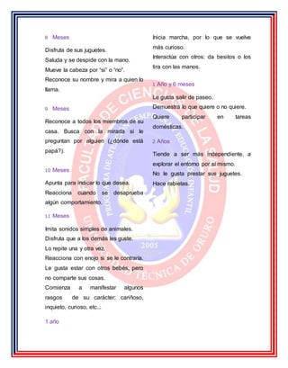 8 Meses
Disfruta de sus juguetes.
Saluda y se despide con la mano.
Mueve la cabeza por “si” o “no”.
Reconoce su nombre y mira a quien lo
llama.
9 Meses
Reconoce a todos los miembros de su
casa. Busca con la mirada si le
preguntan por alguien (¿dónde está
papá?).
10 Meses
Apunta para indicar lo que desea.
Reacciona cuando se desaprueba
algún comportamiento.
11 Meses
Imita sonidos simples de animales.
Disfruta que a los demás les guste.
Lo repite una y otra vez.
Reacciona con enojo si se le contraría.
Le gusta estar con otros bebés, pero
no comparte sus cosas.
Comienza a manifestar algunos
rasgos de su carácter: cariñoso,
inquieto, curioso, etc...
1 año
Inicia marcha, por lo que se vuelve
más curioso.
Interactúa con otros: da besitos o los
tira con las manos.
1 Año y 6 meses
Le gusta salir de paseo.
Demuestra lo que quiere o no quiere.
Quiere participar en tareas
domésticas.
2 Años
Tiende a ser más independiente, a
explorar el entorno por sí mismo.
No le gusta prestar sus juguetes.
Hace rabietas.
 