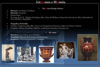 Lit era tura e H is toria Lit era tura Griega clásica: Homero :  La Iliada y la Odisea. Hesíodo:  Teogonía. Poesía Lírica: El canon de los 9.- Alcmán de Esparta, Safo, Alceo de Mitilene, Anacreonte, Estesícoro, Íbico, Simónides de Ceos, Píndaro y Baquílides. Tragedia y Comedia: Sófocles: Antígona, Edipo Rey, Ayax, Las Tranquinias, Filoctetes, Edipo en Colono y Electra. Eurípides: Medea, Heraclidas, Hipólito, Andrómaca, Heracles, Troyanas, etc. H is toria: Heródoto:  Los 9 libros de la Historia Tucídides:  Historia de la Guerra del Peloponeso Jenofonte:  Helénicas, Ciropedia y Anábasis. 