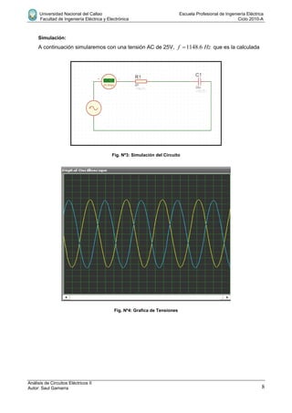 Universidad Nacional del Callao Escuela Profesional de Ingeniería Eléctrica
Facultad de Ingeniería Eléctrica y Electrónica Ciclo 2010-A
Análisis de Circuitos Eléctricos II
Autor: Saul Gamarra 8
Simulación:
A continuación simularemos con una tensión AC de 25V, 1148.6f Hz que es la calculada
Fig. Nº3: Simulación del Circuito
Fig. Nº4: Grafica de Tensiones
 