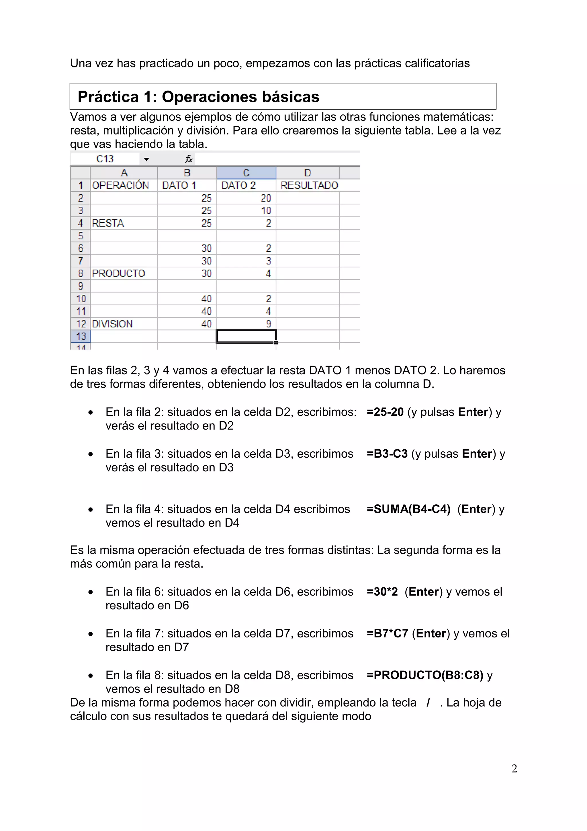 Una vez has practicado un poco, empezamos con las prácticas calificatorias

 Práctica 1: Operaciones básicas
Vamos a ver algunos ejemplos de cómo utilizar las otras funciones matemáticas:
resta, multiplicación y división. Para ello crearemos la siguiente tabla. Lee a la vez
que vas haciendo la tabla.




En las filas 2, 3 y 4 vamos a efectuar la resta DATO 1 menos DATO 2. Lo haremos
de tres formas diferentes, obteniendo los resultados en la columna D.

   •   En la fila 2: situados en la celda D2, escribimos: =25-20 (y pulsas Enter) y
       verás el resultado en D2

   •   En la fila 3: situados en la celda D3, escribimos   =B3-C3 (y pulsas Enter) y
       verás el resultado en D3


   •   En la fila 4: situados en la celda D4 escribimos    =SUMA(B4-C4) (Enter) y
       vemos el resultado en D4

Es la misma operación efectuada de tres formas distintas: La segunda forma es la
más común para la resta.

   •   En la fila 6: situados en la celda D6, escribimos   =30*2 (Enter) y vemos el
       resultado en D6

   •   En la fila 7: situados en la celda D7, escribimos   =B7*C7 (Enter) y vemos el
       resultado en D7

   •   En la fila 8: situados en la celda D8, escribimos =PRODUCTO(B8:C8) y
       vemos el resultado en D8
De la misma forma podemos hacer con dividir, empleando la tecla / . La hoja de
cálculo con sus resultados te quedará del siguiente modo



                                                                                         2
 