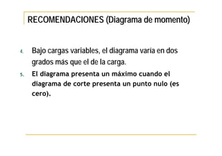 RECOMENDACIONES (Diagrama de momento)


4.   Bajo cargas variables, el diagrama varía en dos
     grados más que el de la carga.
5.   El diagrama presenta un máximo cuando el
     diagrama de corte presenta un punto nulo (es
     cero).
 