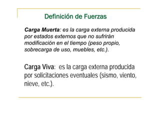 Definición de Fuerzas
Carga Muerta: es la carga externa producida
por estados externos que no sufrirán
modificación en el tiempo (peso propio,
sobrecarga de uso, muebles, etc.).


Carga Viva: es la carga externa producida
por solicitaciones eventuales (sismo, viento,
nieve, etc.).
 