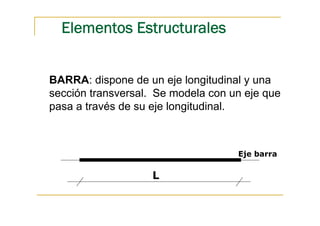 Elementos Estructurales


BARRA: dispone de un eje longitudinal y una
sección transversal. Se modela con un eje que
pasa a través de su eje longitudinal.



                                    Eje barra

                    L
 