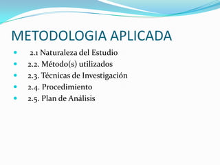 METODOLOGIA APLICADA
    2.1 Naturaleza del Estudio
   2.2. Método(s) utilizados
   2.3. Técnicas de Investigación
   2.4. Procedimiento
   2.5. Plan de Análisis
 