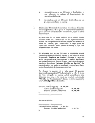 aa.. AArrrreennddaaddoorreess qquuee nnoo ssoonn ffaabbrriiccaanntteess nnii ddiissttrriibbuuiiddoorreess yy 
qquuee ssoollaammeennttee ssee ddeeddiiccaann aall ffiinnaanncciiaammiieennttoo ddee 
ooppeerraacciioonneess ddee lleeaassiinngg.. 
bb.. AArrrreennddaaddoorreess qquuee ssoonn ffaabbrriiccaanntteess ddiissttrriibbuuiiddoorreess ddee llooss 
pprroodduuccttooss qquuee ooffrreecceenn eenn lleeaassiinngg.. 
33.. EEll aarrrreennddaaddoorr ddeetteerrmmiinnaarráá eell vvaalloorr aaccttuuaall ddeessccoonnttaannddoo eell vvaalloorr ddee 
llaass ccuuoottaass ppeerriióóddiiccaass yy ddee llaa ooppcciióónn ddee ccoommpprraa aa llaa ttaassaa ddee iinntteerrééss 
qquuee ssee ccoonnssiiddeerree aapprrooppiiaaddaa eenn llaass cciirrccuunnssttaanncciiaass,, sseeggúúnn ssee sseeññaallaa 
aa ccoonnttiinnuuaacciióónn.. 
SSii eexxiissttee uunnaa ttaassaa ddee iinntteerrééss eexxppllíícciittaa eenn eell ccoonnttrraattoo ddeebbeerráá 
uuttiilliizzaarrssee ddiicchhaa ttaassaa,, aa mmeennooss qquuee eellllaa sseeaa ssiiggnniiffiiccaattiivvaammeennttee 
iinnffeerriioorr aa llaa ttaassaa pprroommeeddiioo ddee mmeerrccaaddoo,, vviiggeennttee aa llaa ffeecchhaa ddee llaa 
ffiirrmmaa ddeell ccoonnttrraattoo,, ppaarraa ccoollooccaacciioonneess aa llaarrggoo ppllaazzoo eenn 
ccoonnddiicciioonneess ssiimmiillaarreess aa llaass ddeell ccoonnttrraattoo ddee lleeaassiinngg,, eenn ccuuyyoo ccaassoo 
ddeebbeerráá uuttiilliizzaarrssee eessttaa úúllttiimmaa.. 
44.. EEll aarrrreennddaaddoorr qquuee nnoo sseeaa ffaabbrriiccaannttee nnii ddiissttrriibbuuiiddoorr ddeebbeerráá 
ccoonnttaabbiilliizzaarr eell vvaalloorr nnoommiinnaall ddeell ccoonnttrraattoo eenn uunnaa ccuueennttaa ddee aaccttiivvoo 
ddeennoommiinnaaddaa ““DDeeuuddoorreess ppoorr LLeeaassiinngg””,, aabboonnaannddoo llaa ccuueennttaa ddee 
aaccttiivvoo ccoorrrreessppoonnddiieennttee aall bbiieenn eennttrreeggaaddoo eenn lleeaassiinngg,, ppoorr eell vvaalloorr 
qquuee tteennggaa eell mmiissmmoo eenn lliibbrrooss yy eell ssaallddoo aa uunnaa ccuueennttaa ddee ppaassiivvoo 
ttrraannssiittoorriioo ddeennoommiinnaaddaa ““IInntteerreesseess DDiiffeerriiddooss ppoorr PPeerrcciibbiirr””.. LLaa 
ccuueennttaa ddeeuuddoorreess ppoorr lleeaassiinngg ssee ccllaassiiffiiccaarráá aa ccoorrttoo oo llaarrggoo ppllaazzoo,, 
sseeggúúnn eell vveenncciimmiieennttoo ddee llaass ccuuoottaass rreessppeeccttiivvaass.. 
NNoo oobbssttaannttee lloo aanntteerriioorr,, ssii eell vvaalloorr aaccttuuaall ddeell ccoonnttrraattoo 
ddeetteerrmmiinnaaddoo ddee aaccuueerrddoo aall NNº 33,, ffuueessee iinnffeerriioorr aall vvaalloorr ddee lliibbrrooss 
ddeell bbiieenn eennttrreeggaaddoo eenn lleeaassiinngg,, ddeebbeerráá ccoonnttaabbiilliizzaarrssee eessttaa 
ddiiffeerreenncciiaa ccoonn ccaarrggoo aa llaa ccuueennttaa ddee rreessuullttaaddoo ddeennoommiinnaaddaa 
““PPéérrddiiddaass ppoorr FFiinnaanncciiaammiieennttoo””.. EEnn ccaassoo ccoonnttrraarriioo ssee ggeenneerraarrííaa 
uunnaa ““UUttiilliiddaadd ppoorr FFiinnaanncciiaammiieennttoo””.. 
--------------------------------------xx -------------------------------------- 
DDeeuuddoorreess ppoorr LLeeaassiinngg ((VVNN)) 9999..999999..999999 
AAccttiivvooss ppaarraa LLeeaassiinngg ((nneettoo)) 9999..999999..999999 
IInntteerreesseess DDiiffeerriiddooss ppoorr PPeerrcciibbiirr 9999..999999..999999 
GG:: 
--------------------------------------xx -------------------------------------- 
EEnn ccaassoo ddee ppéérrddiiddaa:: 
--------------------------------------xx -------------------------------------- 
PPéérrddiiddaa ppoorr FFiinnaanncciiaammiieennttoo 9999..999999..999999 
IInntteerreesseess DDiiffeerriiddooss ppoorr PPeerrcciibbiirr 9999..999999..999999 
GG:: 
111111 
 