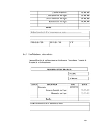 AAnnttiicciippoo ddee SSuueellddooss 9999..999999..999999 
CCuuoottaass SSiinnddiiccaalleess ppoorr PPaaggaarr 9999..999999..999999 
CCaassaass CCoommeerrcciiaalleess ppoorr PPaaggaarr 9999..999999..999999 
RReemmuunneerraacciióónn ppoorr PPaaggaarr 9999..999999..999999 
TToottaalleess 
GGLLOOSSAA:: CCoonnttaabbiilliizzaacciióónn ddee llaass RReemmuunneerraacciioonneess ddeell mmeess ddee ...................................................................................... 
PPRREEPPAARRAADDOO PPOORR:: RREEVVIISSAADDOO PPOORR:: VVº BBº 
44..44..22 PPaarraa TTrraabbaajjaaddoorreess IInnddeeppeennddiieenntteess 
LLaa ccoonnttaabbiilliizzaacciióónn ddee llooss hhoonnoorraarriiooss ssee eeffeeccttúúaa eenn uunn CCoommpprroobbaannttee CCoonnttaabbllee ddee 
TTrraassppaassoo ddee llaa ssiigguuiieennttee ffoorrmmaa:: 
CCÓÓDDIIGGOO DDEESSCCRRIIPPCCIIÓÓNN DDEEBBEE HHAABBEERR 
HHoonnoorraarriiooss 9999..999999..999999 
IImmppuueessttoo RReetteenniiddoo ppoorr PPaaggaarr 9999..999999..999999 
HHoonnoorraarriiooss ppoorr PPaaggaarr 9999..999999..999999 
TToottaalleess 
GGLLOOSSAA:: CCoonnttaabbiilliizzaacciióónn ddee llooss HHoonnoorraarriiooss ddeell mmeess ddee ...................................................................................... 
113366 
CCOOMMPPRROOBBAANNTTEE DDEE TTRRAASSPPAASSOO 
FFEECCHHAA:: 
NNUUMMEERROO:: 
 