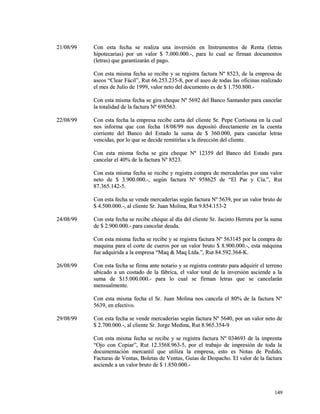 2211//0088//9999 CCoonn eessttaa ffeecchhaa ssee rreeaalliizzaa uunnaa iinnvveerrssiióónn eenn IInnssttrruummeennttooss ddee RReennttaa ((lleettrraass 
hhiippootteeccaarriiaass)) ppoorr uunn vvaalloorr $$ 77..000000..000000..--,, ppaarraa lloo ccuuaall ssee ffiirrmmaann ddooccuummeennttooss 
((lleettrraass)) qquuee ggaarraannttiizzaarráánn eell ppaaggoo.. 
CCoonn eessttaa mmiissmmaa ffeecchhaa ssee rreecciibbee yy ssee rreeggiissttrraa ffaaccttuurraa NNº 88552233,, ddee llaa eemmpprreessaa ddee 
aasseeooss ““CClleeaarr FFáácciill””,, RRuutt 6666..225533..223355--88,, ppoorr eell aasseeoo ddee ttooddaass llaass ooffiicciinnaass rreeaalliizzaaddoo 
eell mmeess ddee JJuulliioo ddee 11999999,, vvaalloorr nneettoo ddeell ddooccuummeennttoo eess ddee $$ 11..775500..880000..-- 
CCoonn eessttaa mmiissmmaa ffeecchhaa ssee ggiirraa cchheeqquuee NNº 55669922 ddeell BBaannccoo SSaannttaannddeerr ppaarraa ccaanncceellaarr 
llaa ttoottaalliiddaadd ddee llaa ffaaccttuurraa NNº 669988556633.. 
2222//0088//9999 CCoonn eessttaa ffeecchhaa llaa eemmpprreessaa rreecciibbee ccaarrttaa ddeell cclliieennttee SSrr.. PPeeppee CCoorrttiissoonnaa eenn llaa ccuuaall 
nnooss iinnffoorrmmaa qquuee ccoonn ffeecchhaa 1188//0088//9999 nnooss ddeeppoossiittóó ddiirreeccttaammeennttee eenn llaa ccuueennttaa 
ccoorrrriieennttee ddeell BBaannccoo ddeell EEssttaaddoo llaa ssuummaa ddee $$ 336600..000000,, ppaarraa ccaanncceellaarr lleettrraass 
vveenncciiddaass,, ppoorr lloo qquuee ssee ddeecciiddee rreemmiittiirrllaass aa llaa ddiirreecccciióónn ddeell cclliieennttee.. 
CCoonn eessttaa mmiissmmaa ffeecchhaa ssee ggiirraa cchheeqquuee NNº 1122335599 ddeell BBaannccoo ddeell EEssttaaddoo ppaarraa 
ccaanncceellaarr eell 4400%% ddee llaa ffaaccttuurraa NNº 88552233.. 
CCoonn eessttaa mmiissmmaa ffeecchhaa ssee rreecciibbee yy rreeggiissttrraa ccoommpprraa ddee mmeerrccaaddeerrííaass ppoorr uunnaa vvaalloorr 
nneettoo ddee $$ 33..990000..000000..--,, sseeggúúnn ffaaccttuurraa NNº 995588662255 ddee ““EEll PPaarr yy CCííaa..””,, RRuutt 
8877..336655..114422--55.. 
CCoonn eessttaa ffeecchhaa ssee vveennddee mmeerrccaaddeerrííaass sseeggúúnn ffaaccttuurraa NNº 55663399,, ppoorr uunn vvaalloorr bbrruuttoo ddee 
$$ 44..550000..000000..--,, aall cclliieennttee SSrr.. JJuuaann MMoolliinnaa,, RRuutt 99..885544..115533--22 
2244//0088//9999 CCoonn eessttaa ffeecchhaa ssee rreecciibbee cchheeqquuee aall ddííaa ddeell cclliieennttee SSrr.. JJaacciinnttoo HHeerrrreerraa ppoorr llaa ssuummaa 
ddee $$ 22..990000..000000..-- ppaarraa ccaanncceellaarr ddeeuuddaa.. 
CCoonn eessttaa mmiissmmaa ffeecchhaa ssee rreecciibbee yy ssee rreeggiissttrraa ffaaccttuurraa NNº 556633114455 ppoorr llaa ccoommpprraa ddee 
mmaaqquuiinnaa ppaarraa eell ccoorrttee ddee ccuueerrooss ppoorr uunn vvaalloorr bbrruuttoo $$ 88..990000..000000..--,, eessttaa mmááqquuiinnaa 
ffuuee aaddqquuiirriiddaa aa llaa eemmpprreessaa ““MMaaqq && MMaaqq LLttddaa..””,, RRuutt 8844..559922..336644--KK.. 
2266//0088//9999 CCoonn eessttaa ffeecchhaa ssee ffiirrmmaa aannttee nnoottaarriioo yy ssee rreeggiissttrraa ccoonnttrraattoo ppaarraa aaddqquuiirriirr eell tteerrrreennoo 
uubbiiccaaddoo aa uunn ccoossttaaddoo ddee llaa ffáábbrriiccaa,, eell vvaalloorr ttoottaall ddee llaa iinnvveerrssiióónn aasscciieennddee aa llaa 
ssuummaa ddee $$1155..000000..000000..-- ppaarraa lloo ccuuaall ssee ffiirrmmaann lleettrraass qquuee ssee ccaanncceellaarráánn 
mmeennssuuaallmmeennttee.. 
CCoonn eessttaa mmiissmmaa ffeecchhaa eell SSrr.. JJuuaann MMoolliinnaa nnooss ccaanncceellaa eell 8800%% ddee llaa ffaaccttuurraa NNº 
55663399,, eenn eeffeeccttiivvoo.. 
2299//0088//9999 CCoonn eessttaa ffeecchhaa ssee vveennddee mmeerrccaaddeerrííaass sseeggúúnn ffaaccttuurraa NNº 55664400,, ppoorr uunn vvaalloorr nneettoo ddee 
$$ 22..770000..000000..--,, aall cclliieennttee SSrr.. JJoorrggee MMeeddiinnaa,, RRuutt 88..996655..335544--99 
CCoonn eessttaa mmiissmmaa ffeecchhaa ssee rreecciibbee yy ssee rreeggiissttrraa ffaaccttuurraa NNº 003344669933 ddee llaa iimmpprreennttaa 
““OOjjoo ccoonn CCooppiiaarr””,, RRuutt 1122..33556688..996633--55,, ppoorr eell ttrraabbaajjoo ddee iimmpprreessiióónn ddee ttooddaa llaa 
ddooccuummeennttaacciióónn mmeerrccaannttiill qquuee uuttiilliizzaa llaa eemmpprreessaa,, eessttoo eess NNoottaass ddee PPeeddiiddoo,, 
FFaaccttuurraass ddee VVeennttaass,, BBoolleettaass ddee VVeennttaass,, GGuuííaass ddee DDeessppaacchhoo.. EEll vvaalloorr ddee llaa ffaaccttuurraa 
aasscciieennddee aa uunn vvaalloorr bbrruuttoo ddee $$ 11..885500..000000..-- 
114499 
 