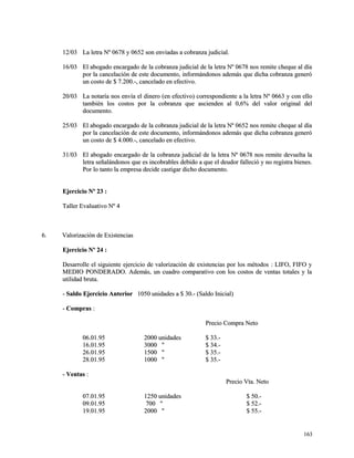 1122//0033 LLaa lleettrraa NNº 00667788 yy 00665522 ssoonn eennvviiaaddaass aa ccoobbrraannzzaa jjuuddiicciiaall.. 
1166//0033 EEll aabbooggaaddoo eennccaarrggaaddoo ddee llaa ccoobbrraannzzaa jjuuddiicciiaall ddee llaa lleettrraa NNº 00667788 nnooss rreemmiittee cchheeqquuee aall ddííaa 
ppoorr llaa ccaanncceellaacciióónn ddee eessttee ddooccuummeennttoo,, iinnffoorrmmáánnddoonnooss aaddeemmááss qquuee ddiicchhaa ccoobbrraannzzaa ggeenneerróó 
uunn ccoossttoo ddee $$ 77..220000..--,, ccaanncceellaaddoo eenn eeffeeccttiivvoo.. 
2200//0033 LLaa nnoottaarrííaa nnooss eennvvííaa eell ddiinneerroo ((eenn eeffeeccttiivvoo)) ccoorrrreessppoonnddiieennttee aa llaa lleettrraa NNº 00666633 yy ccoonn eelllloo 
ttaammbbiiéénn llooss ccoossttooss ppoorr llaa ccoobbrraannzzaa qquuee aasscciieennddeenn aall 00,,66%% ddeell vvaalloorr oorriiggiinnaall ddeell 
ddooccuummeennttoo.. 
2255//0033 EEll aabbooggaaddoo eennccaarrggaaddoo ddee llaa ccoobbrraannzzaa jjuuddiicciiaall ddee llaa lleettrraa NNº 00665522 nnooss rreemmiittee cchheeqquuee aall ddííaa 
ppoorr llaa ccaanncceellaacciióónn ddee eessttee ddooccuummeennttoo,, iinnffoorrmmáánnddoonnooss aaddeemmááss qquuee ddiicchhaa ccoobbrraannzzaa ggeenneerróó 
uunn ccoossttoo ddee $$ 44..000000..--,, ccaanncceellaaddoo eenn eeffeeccttiivvoo.. 
3311//0033 EEll aabbooggaaddoo eennccaarrggaaddoo ddee llaa ccoobbrraannzzaa jjuuddiicciiaall ddee llaa lleettrraa NNº 00667788 nnooss rreemmiittee ddeevvuueellttaa llaa 
lleettrraa sseeññaalláánnddoonnooss qquuee eess iinnccoobbrraabblleess ddeebbiiddoo aa qquuee eell ddeeuuddoorr ffaalllleecciióó yy nnoo rreeggiissttrraa bbiieenneess.. 
PPoorr lloo ttaannttoo llaa eemmpprreessaa ddeecciiddee ccaassttiiggaarr ddiicchhoo ddooccuummeennttoo.. 
EEjjeerrcciicciioo NNº 2233 :: 
TTaalllleerr EEvvaalluuaattiivvoo NNº 44 
66.. VVaalloorriizzaacciióónn ddee EExxiisstteenncciiaass 
EEjjeerrcciicciioo NNº 2244 :: 
DDeessaarrrroollllee eell ssiigguuiieennttee eejjeerrcciicciioo ddee vvaalloorriizzaacciióónn ddee eexxiisstteenncciiaass ppoorr llooss mmééttooddooss :: LLIIFFOO,, FFIIFFOO yy 
MMEEDDIIOO PPOONNDDEERRAADDOO.. AAddeemmááss,, uunn ccuuaaddrroo ccoommppaarraattiivvoo ccoonn llooss ccoossttooss ddee vveennttaass ttoottaalleess yy llaa 
uuttiilliiddaadd bbrruuttaa.. 
-- SSaallddoo EEjjeerrcciicciioo AAnntteerriioorr 11005500 uunniiddaaddeess aa $$ 3300..-- ((SSaallddoo IInniicciiaall)) 
-- CCoommpprraass :: 
PPrreecciioo CCoommpprraa NNeettoo 
0066..0011..9955 22000000 uunniiddaaddeess $$ 3333..-- 
1166..0011..9955 33000000 "" $$ 3344..-- 
2266..0011..9955 11550000 "" $$ 3355..-- 
2288..0011..9955 11000000 "" $$ 3355..-- 
-- VVeennttaass :: 
PPrreecciioo VVttaa.. NNeettoo 
0077..0011..9955 11225500 uunniiddaaddeess $$ 5500..-- 
0099..0011..9955 770000 "" $$ 5522..-- 
1199..0011..9955 22000000 "" $$ 5555..-- 
116633 
 