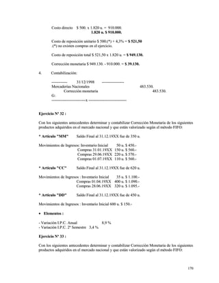 CCoossttoo ddiirreeccttoo $$ 550000.. xx 11..882200 uu.. == 991100..000000.. 
11..882200 uu.. $$ 991100..000000.. 
CCoossttoo ddee rreeppoossiicciióónn uunniittaarriioo $$ 550000..((**)) ++ 44,,33%% == $$ 552211,,5500 
..((**)) nnoo eexxiisstteenn ccoommpprraass eenn eell eejjeerrcciicciioo.. 
CCoossttoo ddee rreeppoossiicciióónn ttoottaall $$ 552211,,5500 xx 11..882200 uu.. == $$ 994499..113300.. 
CCoorrrreecccciióónn mmoonneettaarriiaa $$ 994499..113300.. -- 991100..000000.. == $$ 3399..113300.. 
44.. CCoonnttaabbiilliizzaacciióónn:: 
------------------------ 3311//1122//11999988 ---------------------------------- 
MMeerrccaaddeerrííaass NNaacciioonnaalleess 448833..553300.. 
CCoorrrreecccciióónn mmoonneettaarriiaa 448833..553300.. 
GG:: 
----------------------------------------------------xx ---------------------------------------------------------- 
EEjjeerrcciicciioo NNº 3322 :: 
CCoonn llooss ssiigguuiieenntteess aanntteecceeddeenntteess ddeetteerrmmiinnaarr yy ccoonnttaabbiilliizzaarr CCoorrrreecccciióónn MMoonneettaarriiaa ddee llooss ssiigguuiieenntteess 
pprroodduuccttooss aaddqquuiirriiddooss eenn eell mmeerrccaaddoo nnaacciioonnaall yy qquuee eessttáánn vvaalloorriizzaaddoo sseeggúúnn eell mmééttooddoo FFIIFFOO:: 
** AArrttííccuulloo ""MMMM"" SSaallddoo FFiinnaall aall 3311..1122..1199XXXX ffuuee ddee 335500 uu.. 
MMoovviimmiieennttooss ddee IInnggrreessooss:: IInnvveennttaarriioo IInniicciiaall 5500 uu.. $$ 445500..-- 
CCoommpprraass 3311..0011..1199XXXX 115500 uu.. $$ 556600..-- 
CCoommpprraass 2299..0066..1199XXXX 222200 uu.. $$ 557700..-- 
CCoommpprraass 0011..0077..1199XXXX 111100 uu.. $$ 556600..-- 
** AArrttííccuulloo ""CCCC"" SSaallddoo FFiinnaall aall 3311..1122..1199XXXX ffuuee ddee 662200 uu.. 
MMoovviimmiieennttooss ddee IInnggrreessooss :: IInnvveennttaarriioo IInniicciiaall 3355 uu.. $$ 11..110000..-- 
CCoommpprraass 0011..0044..1199XXXX 440000 uu.. $$ 11..009900..-- 
CCoommpprraass 2288..0066..1199XXXX 332200 uu.. $$ 11..009955..-- 
** AArrttííccuulloo ""DDDD"" SSaallddoo FFiinnaall aall 3311..1122..1199XXXX ffuuee ddee 445500 uu.. 
MMoovviimmiieennttooss ddee IInnggrreessooss :: IInnvveennttaarriioo IInniicciiaall 660000 uu.. $$ 115500..-- 
· EElleemmeennttooss :: 
-- VVaarriiaacciióónn II..PP..CC.. AAnnuuaall 88,,99 %% 
-- VVaarriiaacciióónn II..PP..CC.. 22º SSeemmeessttrree 33,,44 %% 
EEjjeerrcciicciioo NNº 3333 :: 
CCoonn llooss ssiigguuiieenntteess aanntteecceeddeenntteess ddeetteerrmmiinnaarr yy ccoonnttaabbiilliizzaarr CCoorrrreecccciióónn MMoonneettaarriiaa ddee llooss ssiigguuiieenntteess 
pprroodduuccttooss aaddqquuiirriiddooss eenn eell mmeerrccaaddoo nnaacciioonnaall yy qquuee eessttáánn vvaalloorriizzaaddoo sseeggúúnn eell mmééttooddoo FFIIFFOO:: 
117700 
 