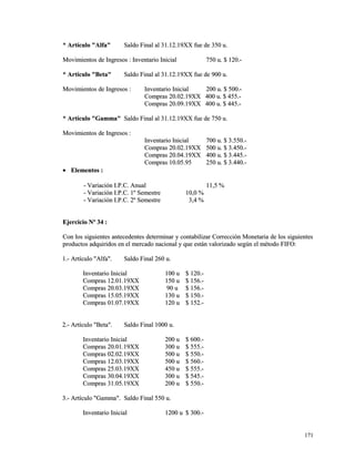 ** AArrttííccuulloo ""AAllffaa"" SSaallddoo FFiinnaall aall 3311..1122..1199XXXX ffuuee ddee 335500 uu.. 
MMoovviimmiieennttooss ddee IInnggrreessooss :: IInnvveennttaarriioo IInniicciiaall 775500 uu.. $$ 112200..-- 
** AArrttííccuulloo ""BBeettaa"" SSaallddoo FFiinnaall aall 3311..1122..1199XXXX ffuuee ddee 990000 uu.. 
MMoovviimmiieennttooss ddee IInnggrreessooss :: IInnvveennttaarriioo IInniicciiaall 220000 uu.. $$ 550000..-- 
CCoommpprraass 2200..0022..1199XXXX 440000 uu.. $$ 445555..-- 
CCoommpprraass 2200..0099..1199XXXX 440000 uu.. $$ 444455..-- 
** AArrttííccuulloo ""GGaammmmaa"" SSaallddoo FFiinnaall aall 3311..1122..1199XXXX ffuuee ddee 775500 uu.. 
MMoovviimmiieennttooss ddee IInnggrreessooss :: 
IInnvveennttaarriioo IInniicciiaall 770000 uu.. $$ 33..555500..-- 
CCoommpprraass 2200..0022..1199XXXX 550000 uu.. $$ 33..445500..-- 
CCoommpprraass 2200..0044..1199XXXX 440000 uu.. $$ 33..444455..-- 
CCoommpprraass 1100..0055..9955 225500 uu.. $$ 33..444400..-- 
· EElleemmeennttooss :: 
-- VVaarriiaacciióónn II..PP..CC.. AAnnuuaall 1111,,55 %% 
-- VVaarriiaacciióónn II..PP..CC.. 11º SSeemmeessttrree 1100,,00 %% 
-- VVaarriiaacciióónn II..PP..CC.. 22º SSeemmeessttrree 33,,44 %% 
EEjjeerrcciicciioo NNº 3344 :: 
CCoonn llooss ssiigguuiieenntteess aanntteecceeddeenntteess ddeetteerrmmiinnaarr yy ccoonnttaabbiilliizzaarr CCoorrrreecccciióónn MMoonneettaarriiaa ddee llooss ssiigguuiieenntteess 
pprroodduuccttooss aaddqquuiirriiddooss eenn eell mmeerrccaaddoo nnaacciioonnaall yy qquuee eessttáánn vvaalloorriizzaaddoo sseeggúúnn eell mmééttooddoo FFIIFFOO:: 
11..-- AArrttííccuulloo ""AAllffaa"".. SSaallddoo FFiinnaall 226600 uu.. 
IInnvveennttaarriioo IInniicciiaall 110000 uu $$ 112200..-- 
CCoommpprraass 1122..0011..1199XXXX 115500 uu $$ 115566..-- 
CCoommpprraass 2200..0033..1199XXXX 9900 uu $$ 115566..-- 
CCoommpprraass 1155..0055..1199XXXX 113300 uu $$ 115500..-- 
CCoommpprraass 0011..0077..1199XXXX 112200 uu $$ 115522..-- 
22..-- AArrttííccuulloo ""BBeettaa"".. SSaallddoo FFiinnaall 11000000 uu.. 
IInnvveennttaarriioo IInniicciiaall 220000 uu $$ 660000..-- 
CCoommpprraass 2200..0011..1199XXXX 330000 uu $$ 555555..-- 
CCoommpprraass 0022..0022..1199XXXX 550000 uu $$ 555500..-- 
CCoommpprraass 1122..0033..1199XXXX 550000 uu $$ 556600..-- 
CCoommpprraass 2255..0033..1199XXXX 445500 uu $$ 555555..-- 
CCoommpprraass 3300..0044..1199XXXX 330000 uu $$ 554455..-- 
CCoommpprraass 3311..0055..1199XXXX 220000 uu $$ 555500..-- 
33..-- AArrttííccuulloo ""GGaammmmaa"".. SSaallddoo FFiinnaall 555500 uu.. 
IInnvveennttaarriioo IInniicciiaall 11220000 uu $$ 330000..-- 
117711 
 