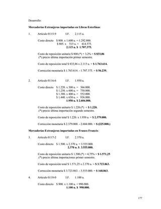 DDeessaarrrroolllloo:: 
MMeerrccaaddeerrííaass EExxttrraannjjeerraass iimmppoorrttaaddaass eenn LLiibbrraass EEsstteerrlliinnaass:: 
11.. AArrttííccuulloo 00111155--99 II..FF.. 22..111155 uu.. 
CCoossttoo ddiirreeccttoo $$ 880088.. xx 11..660000 uu.. == 11..229922..880000.. 
$$ 880055.. xx 551155 uu.. == 441144..557755.. 
22..111155 uu.. $$ 11..770077..337755.. 
CCoossttoo ddee rreeppoossiicciióónn uunniittaarriioo $$ 880088..((**)) ++ 33,,22%% == $$ 883333,,8866 
..((**)) pprreecciioo úúllttiimmaa iimmppoorrttaacciióónn pprriimmeerr sseemmeessttrree.. 
CCoossttoo ddee rreeppoossiicciióónn ttoottaall $$ 883333,,8866 xx 22..111155 uu.. == $$ 11..776633..661144.. 
CCoorrrreecccciióónn mmoonneettaarriiaa $$ 11..776633..661144.. -- 11..770077..337755.. == $$ 5566..223399.. 
22.. AArrttííccuulloo 00111166--66 II..FF.. 11..995500 uu.. 
CCoossttoo ddiirreeccttoo $$ 11..222200.. xx 330000 uu.. == 336666..000000.. 
$$ 11..225500.. xx 660000 uu.. == 775500..000000.. 
$$ 11..338800.. xx 440000 uu.. == 555522..000000.. 
$$ 11..444400.. xx 665500 uu.. == 993366..000000.. 
11..995500 uu.. $$ 22..660044..000000.. 
CCoossttoo ddee rreeppoossiicciióónn uunniittaarriioo $$ 11..222200..((**)) == $$ 11..222200.. 
..((**)) pprreecciioo úúllttiimmaa iimmppoorrttaacciióónn sseegguunnddoo sseemmeessttrree.. 
CCoossttoo ddee rreeppoossiicciióónn ttoottaall $$ 11..222200.. xx 11..995500 uu.. == $$ 22..337799..000000.. 
CCoorrrreecccciióónn mmoonneettaarriiaa $$ 22..337799..000000.. -- 22..660044..000000.. == $$ ((222255..000000..)) 
MMeerrccaaddeerrííaass EExxttrraannjjeerraass iimmppoorrttaaddaass eenn FFrraannccoo FFrraannccééss:: 
33.. AArrttííccuulloo 00111177--22 II..FF.. 22..337700 uu.. 
CCoossttoo ddiirreeccttoo $$ 11..550000.. xx 22..337700 uu.. == 33..555555..000000.. 
22..337700 uu.. $$ 33..555555..000000.. 
CCoossttoo ddee rreeppoossiicciióónn uunniittaarriioo $$ 11..550000..((**)) ++ 44,,7755%% == $$ 11..557711,,2255 
..((**)) pprreecciioo úúllttiimmaa iimmppoorrttaacciioonneess pprriimmeerr sseemmeessttrree.. 
CCoossttoo ddee rreeppoossiicciióónn ttoottaall $$ 11..557711,,2255 xx 22..337700 uu.. == $$ 33..772233..886633.. 
CCoorrrreecccciióónn mmoonneettaarriiaa $$ 33..772233..886633.. -- 33..555555..000000.. == $$ 116688..886633.. 
44.. AArrttííccuulloo 00111188--00 II..FF.. 11..110000 uu.. 
CCoossttoo ddiirreeccttoo $$ 990000.. xx 11..110000 uu.. == 999900..000000.. 
11..110000 uu.. $$ 999900..000000.. 
117777 
 