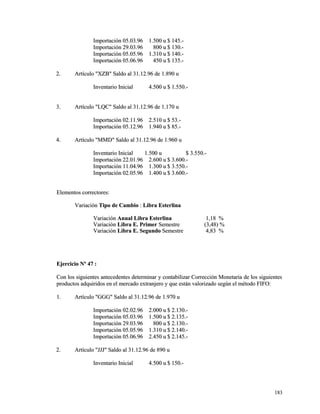 IImmppoorrttaacciióónn 0055..0033..9966 11..550000 uu $$ 114455..-- 
IImmppoorrttaacciióónn 2299..0033..9966 880000 uu $$ 113300..-- 
IImmppoorrttaacciióónn 0055..0055..9966 11..331100 uu $$ 114400..-- 
IImmppoorrttaacciióónn 0055..0066..9966 445500 uu $$ 113355..-- 
22.. AArrttííccuulloo ""XXZZBB"" SSaallddoo aall 3311..1122..9966 ddee 11..889900 uu 
IInnvveennttaarriioo IInniicciiaall 44..550000 uu $$ 11..555500..-- 
33.. AArrttííccuulloo ""LLQQCC"" SSaallddoo aall 3311..1122..9966 ddee 11..117700 uu 
IImmppoorrttaacciióónn 0022..1111..9966 22..551100 uu $$ 5533..-- 
IImmppoorrttaacciióónn 0055..1122..9966 11..994400 uu $$ 8855..-- 
44.. AArrttííccuulloo ""MMMMDD"" SSaallddoo aall 3311..1122..9966 ddee 11..996600 uu 
IInnvveennttaarriioo IInniicciiaall 11..550000 uu $$ 33..555500..-- 
IImmppoorrttaacciióónn 2222..0011..9966 22..660000 uu $$ 33..660000..-- 
IImmppoorrttaacciióónn 1111..0044..9966 11..330000 uu $$ 33..555500..-- 
IImmppoorrttaacciióónn 0022..0055..9966 11..440000 uu $$ 33..660000..-- 
EElleemmeennttooss ccoorrrreeccttoorreess:: 
VVaarriiaacciióónn TTiippoo ddee CCaammbbiioo :: LLiibbrraa EEsstteerrlliinnaa 
VVaarriiaacciióónn AAnnuuaall LLiibbrraa EEsstteerrlliinnaa 11,,1188 %% 
VVaarriiaacciióónn LLiibbrraa EE.. PPrriimmeerr SSeemmeessttrree ((33,,4488)) %% 
VVaarriiaacciióónn LLiibbrraa EE.. SSeegguunnddoo SSeemmeessttrree 44,,8833 %% 
EEjjeerrcciicciioo NNº 4477 :: 
CCoonn llooss ssiigguuiieenntteess aanntteecceeddeenntteess ddeetteerrmmiinnaarr yy ccoonnttaabbiilliizzaarr CCoorrrreecccciióónn MMoonneettaarriiaa ddee llooss ssiigguuiieenntteess 
pprroodduuccttooss aaddqquuiirriiddooss eenn eell mmeerrccaaddoo eexxttrraannjjeerroo yy qquuee eessttáánn vvaalloorriizzaaddoo sseeggúúnn eell mmééttooddoo FFIIFFOO:: 
11.. AArrttííccuulloo ""GGGGGG"" SSaallddoo aall 3311..1122..9966 ddee 11..997700 uu 
IImmppoorrttaacciióónn 0022..0022..9966 22..000000 uu $$ 22..113300..-- 
IImmppoorrttaacciióónn 0055..0033..9966 11..550000 uu $$ 22..113355..-- 
IImmppoorrttaacciióónn 2299..0033..9966 880000 uu $$ 22..113300..-- 
IImmppoorrttaacciióónn 0055..0055..9966 11..331100 uu $$ 22..114400..-- 
IImmppoorrttaacciióónn 0055..0066..9966 22..445500 uu $$ 22..114455..-- 
22.. AArrttííccuulloo ""JJJJJJ"" SSaallddoo aall 3311..1122..9966 ddee 889900 uu 
IInnvveennttaarriioo IInniicciiaall 44..550000 uu $$ 115500..-- 
118833 
 