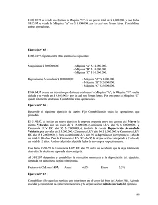 El 02.05.97 se vende en efectivo la Máquina “B” en un precio total ddee $$ 44..000000..000000.. yy ccoonn ffeecchhaa 
0033..0055..9977 ssee vveennddee llaa MMááqquuiinnaa ““AA”” eenn $$ 99..000000..000000.. ppoorr llaa ccuuaall nnooss ffiirrmmaann lleettrraass.. CCoonnttaabbiilliizzaarr 
aammbbaass ooppeerraacciioonneess.. 
EEjjeerrcciicciioo NNº 6655 :: 
EEll 0033..0044..9977,, ffiigguurraann eennttrree oottrraass ccuueennttaass llaass ssiigguuiieenntteess:: 
MMaaqquuiinnaarriiaass $$ 3300..000000..000000..:: -- MMááqquuiinnaa ““AA”” $$ 1122..000000..000000.. 
-- MMááqquuiinnaa ““BB”” $$ 88..000000..000000.. 
-- MMááqquuiinnaa ““CC”” $$ 1100..000000..000000.. 
DDeepprreecciiaacciióónn AAccuummuullaaddaa $$ 1100..000000..000000..:: -- MMááqquuiinnaa ““AA”” $$ 33..000000..000000.. 
-- MMááqquuiinnaa ““BB”” $$ 22..000000..000000.. 
-- MMááqquuiinnaa ““CC”” $$ 55..000000..000000.. 
EEll 0044..0044..9977 ooccuurrrree uunn iinncceennddiioo qquuee ddeessttrruuyyee ttoottaallmmeennttee llaa MMááqquuiinnaa ““AA””;; llaa MMááqquuiinnaa ““BB”” rreessuullttaa 
ddaaññaaddaa yy ssee vveennddee eenn $$ 44..886600..000000..-- ppoorr llaa ccuuaall nnooss ffiirrmmaann lleettrraass.. PPoorr oottrraa ppaarrttee llaa MMááqquuiinnaa ““CC”” 
qquueeddóó ttoottaallmmeennttee ddeessttrruuiiddaa.. CCoonnttaabbiilliizzaarr eessttaass ooppeerraacciioonneess.. 
EEjjeerrcciicciioo NNº 6666 :: 
DDeessaarrrroollllee eell ssiigguuiieennttee eejjeerrcciicciioo ddee AAccttiivvoo FFiijjoo CCoonnttaabbiilliizzaannddoo ttooddaass llaass ooppeerraacciioonneess qquuee 
pprroocceeddaann.. 
EEll 0011//0011//9977,, aall iinniicciiaarr uunn nnuueevvoo eejjeerrcciicciioo llaa eemmpprreessaa pprreesseennttaa eennttrree ssuuss ccuueennttaass ddeell MMaayyoorr llaa 
ccuueennttaa VVeehhííccuullooss ccoonn uunn vvaalloorr ddee $$ 1155..000000..000000..--((CCaammiioonneettaa LLUUVV aaññoo 9966 $$ 88..000000..000000..-- yy 
CCaammiioonneettaa LLUUVV DDCC aaññoo 9955 $$ 77..000000..000000..--)),, ttaammbbiiéénn llaa ccuueennttaa DDeepprreecciiaacciióónn AAccuummuullaaddaa 
VVeehhííccuullooss ppoorr uunn vvaalloorr ddee $$ 33..000000..000000..--((CCaammiioonneettaa LLUUVV aaññoo 9966 $$ 11..000000..000000..-- yy CCaammiioonneettaa LLUUVV 
DDCC aaññoo 9955 $$ 22..000000..000000..--)).. PPaarraa llaa ccaammiioonneettaa LLUUVV aaññoo 9966 llaa ddeepprreecciiaacciióónn ccoorrrreessppoonnddee aa 11 aaññoo ddee 
uunn ttoottaall ddee 1100 aaññooss.. PPaarraa llaa CCaammiioonneettaa LLUUVV DDCC aaññoo 9955 llaa ddeepprreecciiaacciióónn ccoorrrreessppoonnddee aa 22 aaññooss ddee 
uunn ttoottaall ddee 1100 aaññooss.. AAmmbbaass ccaallccuullaaddaass ddeessddee llaa ffeecchhaa ddee ssuu ccoommpprraa rreessppeeccttiivvaammeennttee.. 
CCoonn ffeecchhaa 2255//0011//9977 llaa CCaammiioonneettaa LLUUVV DDCC aaññoo 9955 ssuuffrree uunn aacccciiddeennttee qquuee llaa ddeejjaa ttoottaallmmeennttee 
ddeessttrruuiiddaa.. SSee ddeecciiddee nnoo rreeppaarraarrllaa ssiinnoo ccaassttiiggaarrllaa.. 
AAll 3311//1122//9977 ddeetteerrmmiinnee yy ccoonnttaabbiilliiccee llaa ccoorrrreecccciióónn mmoonneettaarriiaa yy llaa ddeepprreecciiaacciióónn ddeell eejjeerrcciicciioo,, 
sseeppaarraaddaa ppoorr ccaammiioonneettaa,, sseeggúúnn ccoorrrreessppoonnddaa.. 
FFaaccttoorreess ddee CCMM ppaarraa 11999977:: AAnnuuaall 66,,00%% EEnneerroo 55,,55%% 
EEjjeerrcciicciioo NNº 6677 :: 
CCoonnttaabbiilliizzaarr ssóólloo aaqquueellllaass ppaarrttiiddaass qquuee iinntteerrvviieenneenn eenn eell ccoossttoo ddeell bbiieenn ddeell AAccttiivvoo FFiijjoo.. AAddeemmááss 
ccaallccuullaarr yy ccoonnttaabbiilliizzaarr llaa ccoorrrreecccciióónn mmoonneettaarriiaa yy llaa ddeepprreecciiaacciióónn ((mmééttooddoo nnoorrmmaall)) ddeell eejjeerrcciicciioo.. 
119900 
 