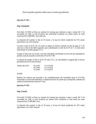 Para los períodos siguientes deberá usarse eell mmiissmmoo pprroocceeddiimmiieennttoo.. 
EEjjeerrcciicciioo NNº 110011 :: 
PPaaggoo AAnnttiicciippaaddoo 
CCoonn ffeecchhaa 3311//1100//9966 ssee ffiirrmmaa uunn ccoonnttrraattoo ddee LLeeaassiinngg qquuee ccoommiieennzzaa aa rreeggiirr aa ccoonnttaarr ddeell 11°° ddee 
nnoovviieemmbbrree ddee 11999966,, eell ccuuaall iinnvvoolluuccrraa ddooss ccaammiioonneettaass EEccooddiieesseell,, llaass ccuuaalleess ttiieenneenn uunn vvaalloorr 
ccoommeerrcciiaall ddee $$ 88..000000..000000..-- nneettoo ccaaddaa uunnaa.. 
LLaa dduurraacciióónn ddeell ccoonnttrraattoo ssee ffiijjaa eenn 3366 mmeesseess yy llaa ttaassaa ddee iinntteerrééss ((eexxppllíícciittaa)) ddee 2211%% aannuuaall,, 
eeqquuiivvaalleennttee aa uunn 11,,66%% mmeennssuuaall.. 
LLaa rreennttaa ssee ffiijjaa eenn 4433,,9911 UUFF,, llooss ccuuaalleess ssee ppaaggaann eenn eeffeeccttiivvoo,, ffiijjaannddoo llooss ddííaass ddee ppaaggoo eell 11°° ddee 
ccaaddaa mmeess oo bbiieenn eell ddííaa hháábbiill ssiigguuiieennttee,, ppeerroo ccoonnssiiddeerraannddoo eell vvaalloorr ddee llaa UUFF aall 11°°,, aall vvaalloorr aanntteess 
mmeenncciioonnaaddoo ssee llee ddeebbee aaggrreeggaarr II..VV..AA.... 
EEll ppaaggoo ssee hhaaccee uunnaa vveezz aall mmeess yy ppoorr mmeess aannttiicciippaaddoo,, ppeerrcciibbiieennddoo eenn eessttee aaccttoo ppoorr aannttiicciippaaddoo llaa 
pprriimmeerraa ccuuoottaa ddee aaccuueerrddoo aall vvaalloorr ddee llaa UUFF aall 0011//1111//9966.. 
LLaa ooppcciióónn ddee ccoommpprraa ssee ffiijjóó eenn 4433,,9911 UUFF mmááss II..VV..AA..,, llaa ccuuaall ttaammbbiiéénn ssee ppaaggaarráá bbaajjoo eell mmiissmmoo 
pprroocceeddiimmiieennttoo ddee llaa rreennttaa mmeennssuuaall.. 
VVaalloorreess ddee llaa UUFF :: 0011//1111//9966 $$ 1133..113333,,8888 
0011//1122//9966 $$ 1133..221188,,2244 
3311//1122//9966 $$ 1133..331100,,7777 
SSee ppiiddee:: 
RReeaalliizzaarr llooss ccáállccuullooss qquuee pprroocceeddaann yy llaass ccoonnttaabbiilliizzaacciioonneess ddeell aarrrreennddaaddoorr hhaassttaa eell 3311//1122//9966,, 
iinncclluuyyeennddoo llaa ccoorrrreecccciióónn mmoonneettaarriiaa yy llaa ddeepprreecciiaacciióónn ddee llaass ccuueennttaa qquuee ccoorrrreessppoonnddaa.. AAddeemmááss ddeell 
ccuuaaddrroo ddee aammoorrttiizzaacciioonneess hhaassttaa eell 44°° mmeess.. 
EEjjeerrcciicciioo NNº 110022 :: 
PPaaggoo VVeenncciiddoo 
CCoonn ffeecchhaa 3311//1100//9966 ssee ffiirrmmaa uunn ccoonnttrraattoo ddee LLeeaassiinngg qquuee ccoommiieennzzaa aa rreeggiirr aa ccoonnttaarr ddeell 11°° ddee 
nnoovviieemmbbrree ddee 11999966,, eell ccuuaall iinnvvoolluuccrraa uunn ccaammiióónn ttoollvvaa EEccooddiieesseell,, eell ccuuaall ttiieenneenn uunn vvaalloorr 
ccoommeerrcciiaall ddee $$ 1155..000000..000000..-- nneettoo .. 
LLaa dduurraacciióónn ddeell ccoonnttrraattoo ssee ffiijjaa eenn 3300 mmeesseess yy llaa ttaassaa ddee iinntteerrééss ((eexxppllíícciittaa)) ddee 1199%% aannuuaall,, 
eeqquuiivvaalleennttee aa uunn 11,,4466%% mmeennssuuaall.. 
220055 
 