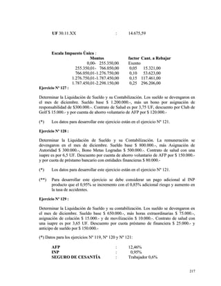 UUFF 3300..1111..XXXX :: 1144..667755,,5599 
EEssccaallaa IImmppuueessttoo ÚÚnniiccoo :: 
MMoonnttooss ffaaccttoorr CCaanntt.. aa RReebbaajjaarr 
00,,0000-- 225555..335500,,0000 EExxeennttoo 
225555..335500,,0011-- 776666..005500,,0000 00,,0055 1155..332211,,0000 
776666..005500,,0011--11..227766..775500,,0000 00,,1100 5533..662233,,0000 
11..227766..775500,,0011--11..778877..445500,,0000 00,,1155 111177..446611,,0000 
11..778877..445500,,0011--22..229988..115500,,0000 00,,2255 229966..220066,,0000 
EEjjeerrcciicciioo NNº 112277 :: 
DDeetteerrmmiinnaarr llaa LLiiqquuiiddaacciióónn ddee SSuueellddoo yy ssuu CCoonnttaabbiilliizzaacciióónn.. LLooss ssuueellddoo ssee ddeevveennggaarroonn eenn 
eell mmeess ddee ddiicciieemmbbrree.. SSuueellddoo bbaassee $$ 11..220000..000000..--,, mmááss uunn bboonnoo ppoorr aassiiggnnaacciióónn ddee 
rreessppoonnssaabbiilliiddaadd ddee $$330000..000000..--.. CCoonnttrraattoo ddee SSaalluudd eess ppoorr 33,,7755 UUFF,, ddeessccuueennttoo ppoorr CClluubb ddee 
GGoollff $$ 1155..000000..-- yy ppoorr ccuueennttaa ddee aahhoorrrroo vvoolluunnttaarriioo ddee AAFFPP ppoorr $$ 112200..000000..-- 
((**)) LLooss ddaattooss ppaarraa ddeessaarrrroollllaarr eessttee eejjeerrcciicciioo eessttáánn eenn eell eejjeerrcciicciioo NNº 112211.. 
EEjjeerrcciicciioo NNº 112288 :: 
DDeetteerrmmiinnaarr llaa LLiiqquuiiddaacciióónn ddee SSuueellddoo yy ssuu CCoonnttaabbiilliizzaacciióónn.. LLaa rreemmuunneerraacciióónn ssee 
ddeevveennggaarroonn eenn eell mmeess ddee ddiicciieemmbbrree.. SSuueellddoo bbaassee $$ 880000..000000..--,, mmááss AAssiiggnnaacciióónn ddee 
AAuuttoorriiddaadd $$ 330000..000000..--,, BBoonnoo MMeettaass LLooggrraaddaass $$ 550000..000000..--.. CCoonnttrraattoo ddee ssaalluudd ccoonn uunnaa 
iissaapprree eess ppoorr 66,,55 UUFF.. DDeessccuueennttoo ppoorr ccuueennttaa ddee aahhoorrrroo vvoolluunnttaarriioo ddee AAFFPP ppoorr $$ 115500..000000..-- 
yy ppoorr ccuuoottaa ddee pprrééssttaammoo bbaannccaarriioo ccoonn eennttiiddaaddeess ffiinnaanncciieerraass $$ 8800..000000..-- 
((**)) LLooss ddaattooss ppaarraa ddeessaarrrroollllaarr eessttee eejjeerrcciicciioo eessttáánn eenn eell eejjeerrcciicciioo NNº 112211.. 
((****)) PPaarraa ddeessaarrrroollllaarr eessttee eejjeerrcciicciioo ssee ddeebbee ccoonnssiiddeerraarr uunn ppaaggoo aaddiicciioonnaall aall IINNPP 
pprroodduuccttoo qquuee eell 00,,9955%% ssee iinnccrreemmeennttoo ccoonn eell 00,,8855%% aaddiicciioonnaall rriieessggoo yy aauummeennttoo eenn 
llaa ttaassaa ddee aacccciiddeenntteess.. 
EEjjeerrcciicciioo NNº 112299 :: 
DDeetteerrmmiinnaarr llaa LLiiqquuiiddaacciióónn ddee SSuueellddoo yy ssuu ccoonnttaabbiilliizzaacciióónn.. LLooss ssuueellddoo ssee ddeevveennggaarroonn eenn 
eell mmeess ddee ddiicciieemmbbrree.. SSuueellddoo bbaassee $$ 665500..000000..--,, mmááss hhoorraass eexxttrraaoorrddiinnaarriiaass $$ 7755..000000..--,, 
aassiiggnnaacciióónn ddee ccoollaacciióónn $$ 1155..000000..-- yy ddee mmoovviilliizzaacciióónn $$ 1100..000000..--.. CCoonnttrraattoo ddee ssaalluudd ccoonn 
uunnaa iissaapprree eess ppoorr 33,,6655 UUFF.. DDeessccuueennttoo ppoorr ccuuoottaa pprrééssttaammoo ddee ffiinnaanncciieerraa $$ 2255..000000..-- yy 
aannttiicciippoo ddee ssuueellddoo ppoorr $$ 115500..000000..-- 
((**)) DDaattooss ppaarraa llooss eejjeerrcciicciiooss NNº 111199,, NNº 112200 yy NNº 112211:: 
AAFFPP :: 1122,,4466%% 
IINNPP :: 00,,9955%% 
SSEEGGUURROO DDEE CCEESSAANNTTÍÍAA :: TTrraabbaajjaaddoorr 00,,66%% 
221177 
 
