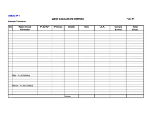 AANNEEXXOO NNº 11 
LLIIBBRROO AAUUXXIILLIIAARR DDEE CCOOMMPPRRAASS FFoolliioo NNº 
PPeerrííooddoo TTrriibbuuttaarriioo:: 
DDííaa RRaazzóónn SSoocciiaall NNº ddee RRUUTT NNº DDooccttoo.. DDeettaallllee NNeettoo II..VV..AA.. CCoommpprraa TToottaall 
PPrroovveeeeddoorr EExxeennttaa DDooccttoo.. 
MMááss :: NN.. ddee DDéébbiittooss 
MMeennooss :: NN.. ddee CCrrééddiittooss 
SSuummaass 
 