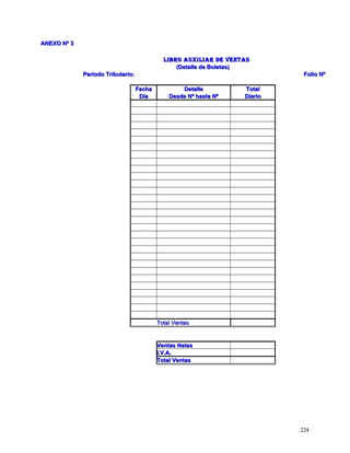 AANNEEXXOO NNº 33 
LLIIBBRROO AAUUXXIILLIIAARR DDEE VVEENNTTAASS 
((DDeettaallllee ddee BBoolleettaass)) 
PPeerrííooddoo TTrriibbuuttaarriioo:: FFoolliioo NNº 
FFeecchhaa DDeettaallllee TToottaall 
DDííaa DDeessddee NNº hhaassttaa NNº DDiiaarriioo 
TToottaall VVeennttaass 
VVeennttaass NNeettaass 
II..VV..AA.. 
TToottaall VVeennttaass 
222244 
 
