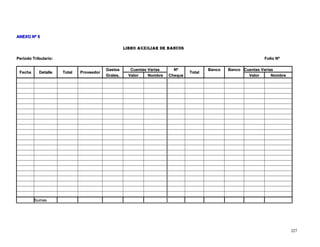 AANNEEXXOO NNº 55 
LLIIBBRROO AAUUXXIILLIIAARR DDEE BBAANNCCOOSS 
PPeerrííooddoo TTrriibbuuttaarriioo:: FFoolliioo NNº 
FFeecchhaa DDeettaallllee TToottaall PPrroovveeeeddoorr GGaassttooss CCuueennttaass VVaarriiaass NNº TToottaall BBaannccoo BBaannccoo CCuueennttaass VVaarriiaass 
GGrraalleess.. VVaalloorr NNoommbbrree CChheeqquuee VVaalloorr NNoommbbrree 
SSuummaass 
222277 
 