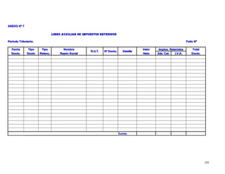 AANNEEXXOO NNº 77 
LLIIBBRROO AAUUXXIILLIIAARR DDEE IIMMPPUUEESSTTOOSS RREETTEENNIIDDOOSS 
PPeerrííooddoo TTrriibbuuttaarriioo:: FFoolliioo NNº 
FFeecchhaa TTiippoo TTiippoo NNoommbbrree RR..UU..TT.. NNº DDooccttoo.. DDeettaallllee VVaalloorr IImmppttooss.. RReetteenniiddooss TToottaall 
DDooccttoo.. DDooccttoo RReetteenncc.. RRaazzóónn SSoocciiaall NNeettoo 22ddaa.. CCaatt.. II..VV..AA.. DDooccttoo.. 
SSuummaass 
222299 
 