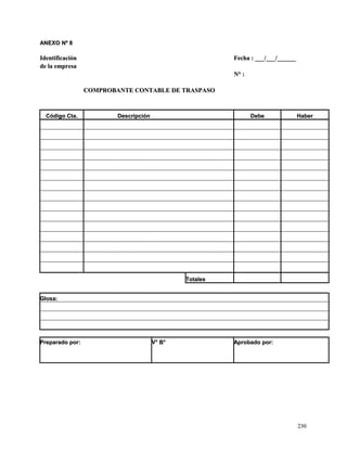 AANNEEXXOO NNº 88 
IIddeennttiiffiiccaacciióónn FFeecchhaa :: ______//______//____________ 
ddee llaa eemmpprreessaa 
NN°° :: 
CCOOMMPPRROOBBAANNTTEE CCOONNTTAABBLLEE DDEE TTRRAASSPPAASSOO 
CCóóddiiggoo CCttaa.. DDeessccrriippcciióónn DDeebbee HHaabbeerr 
TToottaalleess 
GGlloossaa:: 
PPrreeppaarraaddoo ppoorr:: VV°° BB°° AApprroobbaaddoo ppoorr:: 
223300 
 