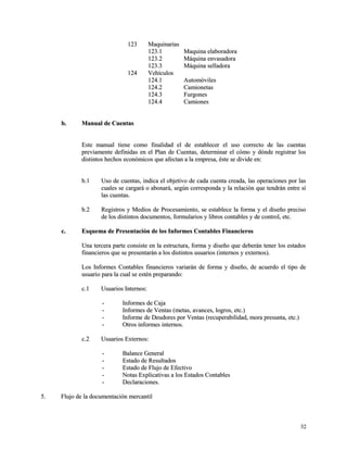 112233 MMaaqquuiinnaarriiaass 
112233..11 MMaaqquuiinnaa eellaabboorraaddoorraa 
112233..22 MMááqquuiinnaa eennvvaassaaddoorraa 
112233..33 MMááqquuiinnaa sseellllaaddoorraa 
112244 VVeehhííccuullooss 
112244..11 AAuuttoommóóvviilleess 
112244..22 CCaammiioonneettaass 
112244..33 FFuurrggoonneess 
112244..44 CCaammiioonneess 
bb.. MMaannuuaall ddee CCuueennttaass 
EEssttee mmaannuuaall ttiieennee ccoommoo ffiinnaalliiddaadd eell ddee eessttaabblleecceerr eell uussoo ccoorrrreeccttoo ddee llaass ccuueennttaass 
pprreevviiaammeennttee ddeeffiinniiddaass eenn eell PPllaann ddee CCuueennttaass,, ddeetteerrmmiinnaarr eell ccóómmoo yy ddóónnddee rreeggiissttrraarr llooss 
ddiissttiinnttooss hheecchhooss eeccoonnóómmiiccooss qquuee aaffeeccttaann aa llaa eemmpprreessaa,, ééssttee ssee ddiivviiddee eenn:: 
bb..11 UUssoo ddee ccuueennttaass,, iinnddiiccaa eell oobbjjeettiivvoo ddee ccaaddaa ccuueennttaa ccrreeaaddaa,, llaass ooppeerraacciioonneess ppoorr llaass 
ccuuaalleess ssee ccaarrggaarráá oo aabboonnaarráá,, sseeggúúnn ccoorrrreessppoonnddaa yy llaa rreellaacciióónn qquuee tteennddrráánn eennttrree ssíí 
llaass ccuueennttaass.. 
bb..22 RReeggiissttrrooss yy MMeeddiiooss ddee PPrroocceessaammiieennttoo,, ssee eessttaabblleeccee llaa ffoorrmmaa yy eell ddiisseeññoo pprreecciissoo 
ddee llooss ddiissttiinnttooss ddooccuummeennttooss,, ffoorrmmuullaarriiooss yy lliibbrrooss ccoonnttaabblleess yy ddee ccoonnttrrooll,, eettcc.. 
cc.. EEssqquueemmaa ddee PPrreesseennttaacciióónn ddee llooss IInnffoorrmmeess CCoonnttaabblleess FFiinnaanncciieerrooss 
UUnnaa tteerrcceerraa ppaarrttee ccoonnssiissttee eenn llaa eessttrruuccttuurraa,, ffoorrmmaa yy ddiisseeññoo qquuee ddeebbeerráánn tteenneerr llooss eessttaaddooss 
ffiinnaanncciieerrooss qquuee ssee pprreesseennttaarráánn aa llooss ddiissttiinnttooss uussuuaarriiooss ((iinntteerrnnooss yy eexxtteerrnnooss)).. 
LLooss IInnffoorrmmeess CCoonnttaabblleess ffiinnaanncciieerrooss vvaarriiaarráánn ddee ffoorrmmaa yy ddiisseeññoo,, ddee aaccuueerrddoo eell ttiippoo ddee 
uussuuaarriioo ppaarraa llaa ccuuaall ssee eessttéénn pprreeppaarraannddoo:: 
cc..11 UUssuuaarriiooss IInntteerrnnooss:: 
-- IInnffoorrmmeess ddee CCaajjaa 
-- IInnffoorrmmeess ddee VVeennttaass ((mmeettaass,, aavvaanncceess,, llooggrrooss,, eettcc..)) 
-- IInnffoorrmmee ddee DDeeuuddoorreess ppoorr VVeennttaass ((rreeccuuppeerraabbiilliiddaadd,, mmoorraa pprreessuunnttaa,, eettcc..)) 
-- OOttrrooss iinnffoorrmmeess iinntteerrnnooss.. 
cc..22 UUssuuaarriiooss EExxtteerrnnooss:: 
-- BBaallaannccee GGeenneerraall 
-- EEssttaaddoo ddee RReessuullttaaddooss 
-- EEssttaaddoo ddee FFlluujjoo ddee EEffeeccttiivvoo 
-- NNoottaass EExxpplliiccaattiivvaass aa llooss EEssttaaddooss CCoonnttaabblleess 
-- DDeeccllaarraacciioonneess.. 
55.. FFlluujjoo ddee llaa ddooccuummeennttaacciióónn mmeerrccaannttiill 
3322 
 