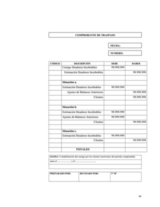 CCÓÓDDIIGGOO DDEESSCCRRIIPPCCIIÓÓNN DDEEBBEE HHAABBEERR 
CCaassttiiggoo DDeeuuddoorreess IInnccoobbrraabblleess 9999..999999..999999 
EEssttiimmaacciióónn DDeeuuddoorreess IInnccoobbrraabblleess 9999..999999..999999 
SSiittuuaacciióónn aa.. 
EEssttiimmaacciióónn DDeeuuddoorreess IInnccoobbrraabblleess 9999..999999..999999 
AAjjuusstteess ddee BBaallaanncceess AAnntteerriioorreess 9999..999999..999999 
CClliieenntteess 9999..999999..999999 
SSiittuuaacciióónn bb.. 
EEssttiimmaacciióónn DDeeuuddoorreess IInnccoobbrraabblleess 9999..999999..999999 
AAjjuusstteess ddee BBaallaanncceess AAnntteerriioorreess 9999..999999..999999 
CClliieenntteess 9999..999999..999999 
SSiittuuaacciióónn cc.. 
EEssttiimmaacciióónn DDeeuuddoorreess IInnccoobbrraabblleess 9999..999999..999999 
CClliieenntteess 9999..999999..999999 
TTOOTTAALLEESS 
GGLLOOSSAA:: CCoonnttaabbiilliizzaacciióónn ddeell ccaassttiiggoo ppoorr llooss cclliieenntteess iinnssoollvveenntteess ddeell ppeerrííooddoo ccoommpprreennddiiddoo 
eennttrree eell .............................................. yy eell ...................................................................... 
PPRREEPPAARRAADDOO PPOORR:: RREEVVIISSAADDOO PPOORR:: VVº BBº 
4444 
CCOOMMPPRROOBBAANNTTEE DDEE TTRRAASSPPAASSOO 
FFEECCHHAA:: 
NNUUMMEERROO:: 
 