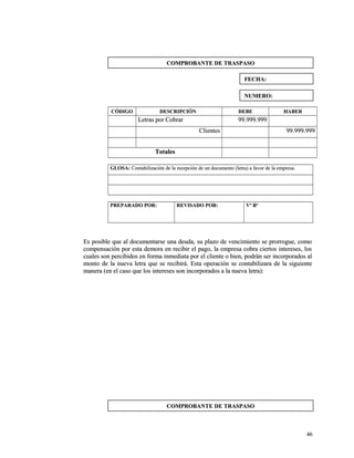 CCÓÓDDIIGGOO DDEESSCCRRIIPPCCIIÓÓNN DDEEBBEE HHAABBEERR 
LLeettrraass ppoorr CCoobbrraarr 9999..999999..999999 
CClliieenntteess 9999..999999..999999 
TToottaalleess 
GGLLOOSSAA:: CCoonnttaabbiilliizzaacciióónn ddee llaa rreecceeppcciióónn ddee uunn ddooccuummeennttoo ((lleettrraa)) aa ffaavvoorr ddee llaa eemmpprreessaa.. 
PPRREEPPAARRAADDOO PPOORR:: RREEVVIISSAADDOO PPOORR:: VVº BBº 
EEss ppoossiibbllee qquuee aall ddooccuummeennttaarrssee uunnaa ddeeuuddaa,, ssuu ppllaazzoo ddee vveenncciimmiieennttoo ssee pprroorrrroogguuee,, ccoommoo 
ccoommppeennssaacciióónn ppoorr eessttaa ddeemmoorraa eenn rreecciibbiirr eell ppaaggoo,, llaa eemmpprreessaa ccoobbrraa cciieerrttooss iinntteerreesseess,, llooss 
ccuuaalleess ssoonn ppeerrcciibbiiddooss eenn ffoorrmmaa iinnmmeeddiiaattaa ppoorr eell cclliieennttee oo bbiieenn,, ppooddrráánn sseerr iinnccoorrppoorraaddooss aall 
mmoonnttoo ddee llaa nnuueevvaa lleettrraa qquuee ssee rreecciibbiirráá.. EEssttaa ooppeerraacciióónn ssee ccoonnttaabbiilliizzaarraa ddee llaa ssiigguuiieennttee 
mmaanneerraa ((eenn eell ccaassoo qquuee llooss iinntteerreesseess ssoonn iinnccoorrppoorraaddooss aa llaa nnuueevvaa lleettrraa)):: 
4466 
CCOOMMPPRROOBBAANNTTEE DDEE TTRRAASSPPAASSOO 
FFEECCHHAA:: 
NNUUMMEERROO:: 
CCOOMMPPRROOBBAANNTTEE DDEE TTRRAASSPPAASSOO 
 