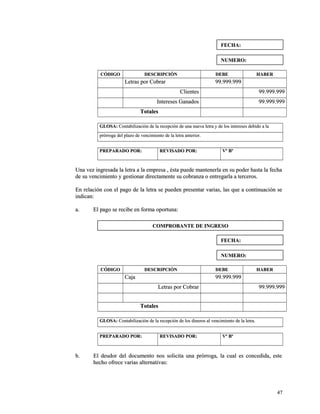 CCÓÓDDIIGGOO DDEESSCCRRIIPPCCIIÓÓNN DDEEBBEE HHAABBEERR 
LLeettrraass ppoorr CCoobbrraarr 9999..999999..999999 
CClliieenntteess 9999..999999..999999 
IInntteerreesseess GGaannaaddooss 9999..999999..999999 
TToottaalleess 
GGLLOOSSAA:: CCoonnttaabbiilliizzaacciióónn ddee llaa rreecceeppcciióónn ddee uunnaa nnuueevvaa lleettrraa yy ddee llooss iinntteerreesseess ddeebbiiddoo aa llaa 
pprróórrrrooggaa ddeell ppllaazzoo ddee vveenncciimmiieennttoo ddee llaa lleettrraa aanntteerriioorr.. 
PPRREEPPAARRAADDOO PPOORR:: RREEVVIISSAADDOO PPOORR:: VVº BBº 
UUnnaa vveezz iinnggrreessaaddaa llaa lleettrraa aa llaa eemmpprreessaa ,, ééssttaa ppuueeddee mmaanntteenneerrllaa eenn ssuu ppooddeerr hhaassttaa llaa ffeecchhaa 
ddee ssuu vveenncciimmiieennttoo yy ggeessttiioonnaarr ddiirreeccttaammeennttee ssuu ccoobbrraannzzaa oo eennttrreeggaarrllaa aa tteerrcceerrooss.. 
EEnn rreellaacciióónn ccoonn eell ppaaggoo ddee llaa lleettrraa ssee ppuueeddeenn pprreesseennttaarr vvaarriiaass,, llaass qquuee aa ccoonnttiinnuuaacciióónn ssee 
iinnddiiccaann:: 
aa.. EEll ppaaggoo ssee rreecciibbee eenn ffoorrmmaa ooppoorrttuunnaa:: 
CCÓÓDDIIGGOO DDEESSCCRRIIPPCCIIÓÓNN DDEEBBEE HHAABBEERR 
CCaajjaa 9999..999999..999999 
LLeettrraass ppoorr CCoobbrraarr 9999..999999..999999 
TToottaalleess 
GGLLOOSSAA:: CCoonnttaabbiilliizzaacciióónn ddee llaa rreecceeppcciióónn ddee llooss ddiinneerrooss aall vveenncciimmiieennttoo ddee llaa lleettrraa.. 
PPRREEPPAARRAADDOO PPOORR:: RREEVVIISSAADDOO PPOORR:: VVº BBº 
bb.. EEll ddeeuuddoorr ddeell ddooccuummeennttoo nnooss ssoolliicciittaa uunnaa pprróórrrrooggaa,, llaa ccuuaall eess ccoonncceeddiiddaa,, eessttee 
hheecchhoo ooffrreeccee vvaarriiaass aalltteerrnnaattiivvaass:: 
4477 
FFEECCHHAA:: 
NNUUMMEERROO:: 
CCOOMMPPRROOBBAANNTTEE DDEE IINNGGRREESSOO 
FFEECCHHAA:: 
NNUUMMEERROO:: 
 