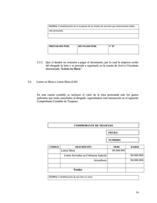 GGLLOOSSAA:: CCoonnttaabbiilliizzaacciióónn ddee llaa rreecceeppcciióónn ddee llooss ffoonnddooss ddee uunnaa lleettrraa qquuee aanntteerriioorrmmeennttee hhaabbííaa 
ssiiddoo pprrootteessttaaddaa.. 
PPRREEPPAARRAADDOO PPOORR:: RREEVVIISSAADDOO PPOORR:: VVº BBº 
55..55..22 QQuuee eell ddeeuuddoorr nnoo ccoonnccuurrrraa aa ppaaggaarr eell ddooccuummeennttoo,, ppoorr lloo ccuuaall llaa eemmpprreessaa rreecciibbee 
ddeell aabbooggaaddoo llaa lleettrraa yy ssee pprroocceeddee aa rreeggiissttrraarrllaa eenn llaa ccuueennttaa ddee AAccttiivvoo CCiirrccuullaannttee 
ddeennoommiinnaaddaa ““LLeettrraass eenn MMoorraa””.. 
55..66 LLeettrraass eenn MMoorraa oo LLeettrraass MMoorraa ((LLMM)) 
EEnn eessttaa ccuueennttaa ccoonnttaabbllee ssee iinncclluuyyeenn eell vvaalloorr ddee llaa lleettrraa pprrootteessttaaddaa mmááss llooss ggaassttooss 
jjuuddiicciiaalleess qquuee sseerráánn ccaanncceellaaddooss aall aabbooggaaddoo,, rreeggiissttrráánnddoossee eessttaa ttrraannssaacccciióónn eenn eell ssiigguuiieennttee 
CCoommpprroobbaannttee CCoonnttaabbllee ddee TTrraassppaassoo:: 
CCÓÓDDIIGGOO DDEESSCCRRIIPPCCIIÓÓNN DDEEBBEE HHAABBEERR 
LLeettrraass MMoorraa 9999..999999..999999 
LLeettrraass EEnnvviiaaddaass eenn CCoobbrraannzzaa JJuuddiicciiaall 9999..999999..999999 
AAccrreeeeddoorreess 9999..999999..999999 
TToottaalleess 
GGLLOOSSAA:: CCoonnttaabbiilliizzaacciióónn ddee uunnaa lleettrraa eenn mmoorraa.. 
5544 
CCOOMMPPRROOBBAANNTTEE DDEE TTRRAASSPPAASSOO 
FFEECCHHAA:: 
NNUUMMEERROO:: 
 