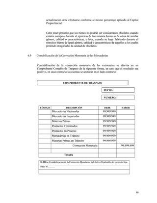 actualización debe efectuarse conforme al mismo porcentaje aapplliiccaaddoo aall CCaappiittaall 
PPrrooppiioo IInniicciiaall.. 
CCaabbee tteenneerr pprreesseennttee qquuee llooss bbiieenneess nnoo ppooddrráánn sseerr ccoonnssiiddeerraaddooss oobbssoolleettooss ccuuaannddoo 
eexxiisstteenn ccoommpprraass dduurraannttee eell eejjeerrcciicciioo ddee llooss mmiissmmooss bbiieenneess oo ddee oottrrooss ddee ssiimmiillaarr 
ggéénneerroo,, ccaalliiddaadd oo ccaarraacctteerrííssttiiccaass,, oo bbiieenn,, ccuuaannddoo ssee hhaayyaa ffaabbrriiccaaddoo dduurraannttee eell 
eejjeerrcciicciioo bbiieenneess ddee iigguuaall ggéénneerroo,, ccaalliiddaadd oo ccaarraacctteerrííssttiiccaass ddee aaqquueellllooss aa llooss ccuuaalleess 
pprreetteennddee oottoorrggáárrsseelleess llaa ccaalliiddaadd ddee oobbssoolleettooss.. 
66..99 CCoonnttaabbiilliizzaacciióónn ddee llaa CCoorrrreecccciióónn MMoonneettaarriiaa ddee llaass MMeerrccaaddeerrííaass 
CCoonnttaabbiilliizzaacciióónn ddee llaa ccoorrrreecccciióónn mmoonneettaarriiaa ddee llaass eexxiisstteenncciiaass ssee eeffeeccttúúaa eenn uunn 
CCoommpprroobbaannttee CCoonnttaabbllee ddee TTrraassppaassoo ddee llaa ssiigguuiieennttee ffoorrmmaa,, eenn ccaassoo qquuee eell rreessuullttaaddoo sseeaa 
ppoossiittiivvoo,, eenn ccaassoo ccoonnttrraarriioo llaass ccuueennttaass ssee aannoottaarráánn eenn eell llaaddoo ccoonnttrraarriioo:: 
CCÓÓDDIIGGOO DDEESSCCRRIIPPCCIIÓÓNN DDEEBBEE HHAABBEERR 
MMeerrccaaddeerrííaass NNaacciioonnaalleess 9999..999999..999999 
MMeerrccaaddeerrííaass IImmppoorrttaaddaass 9999..999999..999999 
MMaatteerriiaass PPrriimmaass 9999..999999..999999 
PPrroodduuccttooss TTeerrmmiinnaaddooss 9999..999999..999999 
PPrroodduuccttooss eenn PPrroocceessoo 9999..999999..999999 
MMeerrccaaddeerrííaass eenn TTrráánnssiittoo 9999..999999..999999 
MMaatteerriiaass PPrriimmaass eenn TTrráánnssiittoo 9999..999999..999999 
CCoorrrreecccciióónn MMoonneettaarriiaa 9999..999999..999999 
TToottaalleess 
GGLLOOSSAA:: CCoonnttaabbiilliizzaacciióónn ddee llaa CCoorrrreecccciióónn MMoonneettaarriiaass ddeell AAccttiivvoo RReeaalliizzaabbllee ddeell eejjeerrcciicciioo ffiinnaa-- 
lliizzaaddoo aall ........................ 
6688 
CCOOMMPPRROOBBAANNTTEE DDEE TTRRAASSPPAASSOO 
FFEECCHHAA:: 
NNUUMMEERROO:: 
 