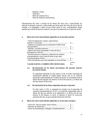 -- MMuueebblleess yy ÚÚttiilleess,, 
-- VVeehhííccuullooss,, 
-- OObbrraass ddee ccoonnssttrruucccciióónn,, yy 
-- OOttrrooss ddee ssiimmiillaarreess ccaarraacctteerrííssttiiccaass.. 
DDeetteerrmmiinnaacciióónn ddeell vvaalloorr aa ccoorrrreeggiirr ddee llooss bbiieenneess ddeell aaccttiivvoo ffiijjoo oo iinnmmoovviilliizzaaddoo.. SSee 
aapplliiccaarráá eell eelleemmeennttoo ccoorrrreeccttoorr aa ccaaddaa ppaarrttiiddaa qquuee ffoorrmmaa ppaarrttee ddeell vvaalloorr ddeell aaccttiivvoo ffiijjoo ddee 
aaccuueerrddoo aa llaa aannttiiggüüeeddaadd oo ffeecchhaa eenn qquuee ffoorrmmóó ppaarrttee ddee eessttee,, ccoonnssiiddeerráánnddoossee ddeessddee 
aaqquueellllaass qquuee vviieenneenn ddeell eejjeerrcciicciioo aanntteerriioorr yy llaass qquuee ssee iinnccoorrppoorraarroonn eenn eell eejjeerrcciicciioo aaccttuuaall.. 
aa.. BBiieenneess ddeell AAccttiivvoo IInnmmoovviilliizzaaddoo aaddqquuiirriiddooss eenn eell mmeerrccaaddoo nnaacciioonnaall 
-- VVaalloorr ddee aaddqquuiissiicciióónn oo aappoorrttee,, sseeggúúnn ffaaccttuurraa,, 
ccoonnttrraattoo oo ccoonnvveenncciióónn.............................................................................................................................. $$.............. 
-- IImmppuueessttooss rreeccaarrggaaddooss qquuee nnoo ccoonnssttiittuuyyeenn CCrrééddiittoo ffiissccaall 
((iirrrreeccuuppeerraabblleess)).................................................................................................................................................. $$.............. 
-- MMoonnttaajjee yy aaccoonnddiicciioonnaammiieennttoo.................................................................................................... $$.............. 
-- MMeejjoorraass qquuee hhaayyaann aauummeennttaaddoo eell vvaalloorr ddeell bbiieenn yy 
pprroolloonngguueenn ssuu vviiddaa úúttiill............................................................................................................................ $$.............. 
-- IInntteerreesseess ddiirreeccttooss oo iinnddiirreeccttooss yy ddiiffeerreenncciiaa ddee ccaammbbiiooss 
ccoorrrreessppoonnddiieenntteess aa ééssttooss,, hhaassttaa llaa ffeecchhaa eenn qquuee eennttrraa 
eenn ffuunncciioonnaammiieennttoo eell bbiieenn.................................................................................................................... $$............ 
-- OOttrrooss ddeesseemmbboollssooss qquuee sseeaann iimmppuuttaabblleess aall ccoossttoo ddeell bbiieenn.................. $$............ 
VVAALLOORR SSUUJJEETTOO AA CCOORRRREECCCCIIÓÓNN MMOONNEETTAARRIIAA $$.......... 
aa..11.. RReevvaalloorriizzaacciióónn ddee llooss bbiieenneess pprroovveenniieenntteess ddeell eejjeerrcciicciioo aanntteerriioorr 
((iinnvveennttaarriioo iinniicciiaall)).. 
SSee rreeaajjuussttaarráánn aapplliiccaannddoo aall vvaalloorr ssuujjeettoo aa CC..MM.. eell mmiissmmoo ppoorrcceennttaajjee ddee 
aaccttuuaalliizzaacciióónn aapplliiccaaddoo aall CCaappiittaall pprrooppiioo IInniicciiaall,, eessttoo eess,, llaa vvaarriiaacciióónn 
ppoorrcceennttuuaall eexxppeerriimmeennttaaddaa ppoorr eell íínnddiiccee ddee pprreecciiooss aall ccoonnssuummiiddoorr eennttrree eell 
úúllttiimmoo ddííaa ddeell sseegguunnddoo mmeess aanntteerriioorr aall iinniicciioo ddeell eejjeerrcciicciioo yy eell úúllttiimmoo ddííaa 
ddeell mmeess aanntteerriioorr aall ddeell cciieerrrree.. 
aa..22.. RReevvaalloorriizzaacciióónn ddee llooss bbiieenneess aaddqquuiirriiddooss dduurraannttee eell eejjeerrcciicciioo.. 
EEll vvaalloorr ssuujjeettoo aa CC..MM.. ssee rreeaajjuussttaarráá ddee aaccuueerrddoo ccoonn eell ppoorrcceennttaajjee ddee 
vvaarriiaacciióónn eexxppeerriimmeennttaaddoo ppoorr eell II..PP..CC.. eenn eell ppeerrííooddoo ccoommpprreennddiiddoo eennttrree eell 
úúllttiimmoo ddííaa ddeell mmeess aanntteerriioorr aall ddee aaddqquuiissiicciióónn yy eell úúllttiimmoo ddííaa ddeell mmeess 
aanntteerriioorr aall ddeell bbaallaannccee,, eess ddeecciirr,, ssee aapplliiccaarráá eell ffaaccttoorr ddee ccoorrrreecccciióónn 
mmoonneettaarriiaa ddeell mmeess eenn qquuee llaa ppaarrttiiddaa ffoorrmmóó ppaarrttee ddeell bbiieenn.. 
bb.. BBiieenneess ddeell AAccttiivvoo IInnmmoovviilliizzaaddoo aaddqquuiirriiddooss eenn eell mmeerrccaaddoo eexxttrraannjjeerroo 
-- VVaalloorr CCIIFF:: TTiippoo ddee ccaammbbiioo,, ffeecchhaa,, ffaaccttuurraa.............................................................. $$.............. 
-- DDeerreecchhooss ddee iinntteerrnnaacciióónn...................................................................................................................... $$.............. 
-- GGaassttooss ddee ddeesseemmbbaarrqquueess,, bbooddeeggaajjee yy ddeessaadduuaannaammiieennttoo..........................$$.............. 
7755 
 