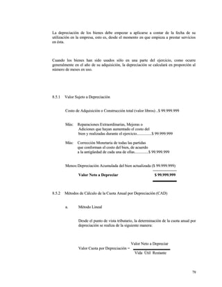 La depreciación de los bienes debe empezar a aplicarse a ccoonnttaarr ddee llaa ffeecchhaa ddee ssuu 
uuttiilliizzaacciióónn eenn llaa eemmpprreessaa,, eessttoo eess,, ddeessddee eell mmoommeennttoo eenn qquuee eemmppiieezzaa aa pprreessttaarr sseerrvviicciiooss 
eenn ééssttaa.. 
CCuuaannddoo llooss bbiieenneess hhaann ssiiddoo uussaaddooss ssóólloo eenn uunnaa ppaarrttee ddeell eejjeerrcciicciioo,, ccoommoo ooccuurrrree 
ggeenneerraallmmeennttee eenn eell aaññoo ddee ssuu aaddqquuiissiicciióónn,, llaa ddeepprreecciiaacciióónn ssee ccaallccuullaarráá eenn pprrooppoorrcciióónn aall 
nnúúmmeerroo ddee mmeesseess eenn uussoo.. 
88..55..11 VVaalloorr SSuujjeettoo aa DDeepprreecciiaacciióónn 
CCoossttoo ddee AAddqquuiissiicciióónn oo CCoonnssttrruucccciióónn ttoottaall ((vvaalloorr lliibbrrooss)) ....$$ 9999..999999..999999 
MMááss:: RReeppaarraacciioonneess EExxttrraaoorrddiinnaarriiaass,, MMeejjoorraass oo 
AAddiicciioonneess qquuee hhaayyaann aauummeennttaaddoo eell ccoossttoo ddeell 
bbiieenn yy rreeaalliizzaaddaass dduurraannttee eell eejjeerrcciicciioo..............................$$ 9999..999999..999999 
MMááss:: CCoorrrreecccciióónn MMoonneettaarriiaa ddee ttooddaass llaass ppaarrttiiddaass 
qquuee ccoonnffoorrmmaann eell ccoossttoo ddeell bbiieenn,, ddee aaccuueerrddoo 
aa llaa aannttiiggüüeeddaadd ddee ccaaddaa uunnaa ddee eellllaass............................$$ 9999..999999..999999 
MMeennooss::DDeepprreecciiaacciióónn AAccuummuullaaddaa ddeell bbiieenn aaccttuuaalliizzaaddaa (($$ 9999..999999..999999)) 
VVaalloorr NNeettoo aa DDeepprreecciiaarr $$ 9999..999999..999999 
88..55..22 MMééttooddooss ddee CCáállccuulloo ddee llaa CCuuoottaa AAnnuuaall ppoorr DDeepprreecciiaacciióónn ((CCAADD)) 
aa.. MMééttooddoo LLiinneeaall 
DDeessddee eell ppuunnttoo ddee vviissttaa ttrriibbuuttaarriioo,, llaa ddeetteerrmmiinnaacciióónn ddee llaa ccuuoottaa aannuuaall ppoorr 
ddeepprreecciiaacciióónn ssee rreeaalliizzaa ddee llaa ssiigguuiieennttee mmaanneerraa:: 
VVaalloorr NNeettoo aa DDeepprreecciiaarr 
VVaalloorr CCuuoottaa ppoorr DDeepprreecciiaacciióónn == 
VViiddaa ÚÚttiill RReessttaannttee 
7788 
 