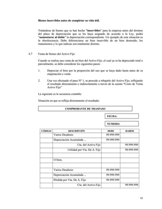 Bienes inservibles antes de completar ssuu vviiddaa úúttiill.. 
TTrraattáánnddoossee ddee bbiieenneess qquuee ssee hhaann hheecchhoo ""iinnsseerrvviibblleess"" ppaarraa llaa eemmpprreessaa aanntteess ddeell ttéérrmmiinnoo 
ddeell ppllaazzoo ddee ddeepprreecciiaacciióónn qquuee ssee lleess hhaayyaa aassiiggnnaaddoo ddee aaccuueerrddoo aa llaa LLeeyy,, ppooddrráá 
""aauummeennttaarrssee aall ddoobbllee"" llaa ddeepprreecciiaacciióónn ccoorrrreessppoonnddiieennttee.. UUnn eejjeemmpplloo ddee eessttaa ssiittuuaacciióónn eess 
llaa oobbssoolleesscceenncciiaa.. DDeebbee ddiiffeerreenncciiaarrssee uunn bbiieenn iinnsseerrvviibbllee ddee uunn bbiieenn ddeessttrruuiiddoo,, llooss 
ttrraattaammiieennttooss yy lloo qquuee iinnddiiccaann ssoonn ttoottaallmmeennttee ddiissttiinnttoo.. 
88..77 VVeennttaa ddee bbiieenneess ddeell AAccttiivvoo FFiijjoo 
CCuuaannddoo ssee rreeaalliizzaa uunnaa vveennttaa ddee uunn bbiieenn ddeell AAccttiivvoo FFiijjoo,, eell ccuuaall yyaa ssee hhaa ddeepprreecciiaaddoo ttoottaall oo 
ppaarrcciiaallmmeennttee,, ssee ddeebbee ccoonnssiiddeerraarr llooss ssiigguuiieenntteess ppaassooss:: 
11.. DDeepprreecciiaarr eell bbiieenn ppoorr llaa pprrooppoorrcciióónn ddeell uussoo qquuee ssee hhaayyaa ddaaddoo hhaassttaa aanntteess ddee ssuu 
eennaajjeennaacciióónn oo vveennttaa.. 
22.. UUnnaa vveezz eeffeeccttuuaaddoo eell ppaassoo NNº 11,, ssee pprroocceeddee aa rreebbaajjaarrlloo ddeell AAccttiivvoo FFiijjoo,, rreefflleejjaannddoo 
eell rreessuullttaaddoo ddiirreeccttaammeennttee oo iinnddiirreeccttaammeennttee aa ttrraavvééss ddee llaa ccuueennttaa ““CCoossttoo ddee VVeennttaa 
AAccttiivvoo FFiijjoo”” 
LLaa ssiigguuiieennttee eess llaa sseeccuueenncciiaa ccoonnttaabbllee:: 
SSiittuuaacciióónn eenn qquuee ssee rreefflleejjaa ddiirreeccttaammeennttee eell rreessuullttaaddoo:: 
CCÓÓDDIIGGOO DDEESSCCRRIIPPCCIIÓÓNN DDEEBBEE HHAABBEERR 
VVaarriiooss DDeeuuddoorreess 9999..999999..999999 
DDeepprreecciiaacciióónn AAccuummuullaaddaa ...... 9999..999999..999999 
CCttaa.. ddeell AAccttiivvoo FFiijjoo 9999..999999..999999 
UUttiilliiddaadd ppoorr VVttaa.. DDee AA.. FFiijjoo 9999..999999..999999 
OO bbiieenn,, 
VVaarriiooss DDeeuuddoorreess 9999..999999..999999 
DDeepprreecciiaacciióónn AAccuummuullaaddaa ...... 9999..999999..999999 
PPéérrddiiddaa ppoorr VVttaa.. DDee AA.. FFiijjoo 9999..999999..999999 
CCttaa.. ddeell AAccttiivvoo FFiijjoo 9999..999999..999999 
8833 
CCOOMMPPRROOBBAANNTTEE DDEE TTRRAASSPPAASSOO 
FFEECCHHAA:: 
NNUUMMEERROO:: 
 