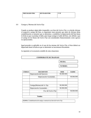 PPRREEPPAARRAADDOO PPOORR:: RREEVVIISSAADDOO PPOORR:: VVº BBº 
88..88 CCaassttiiggooss yy MMeerrmmaass ddeell AAccttiivvoo FFiijjoo 
CCuuaannddoo ssee pprroodduuccee aallggúúnn ddaaññoo iirrrreeppaarraabbllee aa uunn bbiieenn ddeell AAccttiivvoo FFiijjoo yy ssee ddeecciiddee eeffeeccttuuaarr 
eell rreessppeeccttiivvoo ccaassttiiggoo ddeell bbiieenn,, eess iimmppoorrttaannttee tteenneerr pprreesseennttee qquuee aanntteess ddee eeffeeccttuuaarr ddiicchhaa 
ccoonnttaabbiilliizzaacciióónn eess mmeenneesstteerr qquuee ssee ddeetteerrmmiinnee yy ccoonnttaabbiilliiccee llaa ddeepprreecciiaacciióónn ddeell bbiieenn hhaassttaa 
llaa ffeecchhaa eenn qquuee ssee pprroodduujjoo eell ddaaññoo,, ppaarraa lluueeggoo ccaassttiiggaarr eell ssaallddoo ddeell bbiieenn,, eessttoo ddeebbiiddoo aa qquuee 
eell ccaassttiiggoo ddee llooss bbiieenneess ddeell AAccttiivvoo FFiijjoo ssoonn ccoonnssiiddeerraaddooss ffiinnaanncciieerraammeennttee ccoommoo eeggrreessooss 
nnoo ooppeerraacciioonnaalleess.. 
IIgguuaall pprroocceeddeerr eess aapplliiccaabbllee eenn eell ccaassoo ddee llaass mmeerrmmaass ddeell AAccttiivvoo FFiijjoo,, eell bbiieenn ddeebbeerráá sseerr 
ddeepprreecciiaaddoo hhaassttaa llaa ffeecchhaa eenn qquuee ssee ddeetteerrmmiinnóó ssuu iinneexxiisstteenncciiaa ffííssiiccaammeennttee.. 
LLaa ssiigguuiieennttee eess llaa sseeccuueenncciiaa ccoonnttaabbllee ddee eessttaass ssiittuuaacciioonneess:: 
CCÓÓDDIIGGOO DDEESSCCRRIIPPCCIIÓÓNN DDEEBBEE HHAABBEERR 
DDeepprreecciiaacciióónn ddeell EEjjeerrcciicciioo 9999..999999..999999 
DDeepprreecciiaacciióónn AAccuummuullaaddaa ...... 9999..999999..999999 
CCaassttiiggoo((MMeerrmmaa)) ddeell AA.. FFiijjoo 9999..999999..999999 
DDeepprreecciiaacciióónn AAccuummuullaaddaa ...... 9999..999999..999999 
CCttaa.. ddeell AAccttiivvoo FFiijjoo 9999..999999..999999 
TToottaalleess 
GGLLOOSSAA:: CCoonnttaabbiilliizzaacciióónn ddeell ccaassttiiggoo oo mmeerrmmaa ddee uunn bbiieenn ddeell AAccttiivvoo FFiijjoo 
8855 
CCOOMMPPRROOBBAANNTTEE DDEE TTRRAASSPPAASSOO 
FFEECCHHAA:: 
NNUUMMEERROO:: 
 