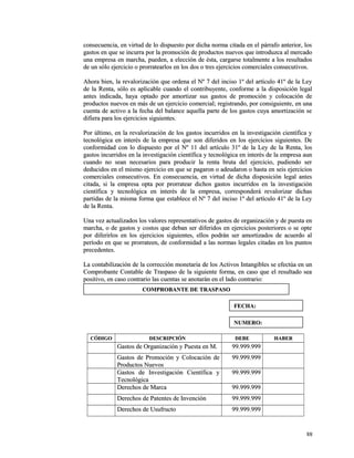 consecuencia, en virtud de lo dispuesto por dicha norma citada en el ppáárrrraaffoo aanntteerriioorr,, llooss 
ggaassttooss eenn qquuee ssee iinnccuurrrraa ppoorr llaa pprroommoocciióónn ddee pprroodduuccttooss nnuueevvooss qquuee iinnttrroodduuzzccaa aall mmeerrccaaddoo 
uunnaa eemmpprreessaa eenn mmaarrcchhaa,, ppuueeddeenn,, aa eelleecccciióónn ddee ééssttaa,, ccaarrggaarrssee ttoottaallmmeennttee aa llooss rreessuullttaaddooss 
ddee uunn ssóólloo eejjeerrcciicciioo oo pprroorrrraatteeaarrllooss eenn llooss ddooss oo ttrreess eejjeerrcciicciiooss ccoommeerrcciiaalleess ccoonnsseeccuuttiivvooss.. 
AAhhoorraa bbiieenn,, llaa rreevvaalloorriizzaacciióónn qquuee oorrddeennaa eell NNº 77 ddeell iinncciissoo 11º ddeell aarrttííccuulloo 4411º ddee llaa LLeeyy 
ddee llaa RReennttaa,, ssóólloo eess aapplliiccaabbllee ccuuaannddoo eell ccoonnttrriibbuuyyeennttee,, ccoonnffoorrmmee aa llaa ddiissppoossiicciióónn lleeggaall 
aanntteess iinnddiiccaaddaa,, hhaayyaa ooppttaaddoo ppoorr aammoorrttiizzaarr ssuuss ggaassttooss ddee pprroommoocciióónn yy ccoollooccaacciióónn ddee 
pprroodduuccttooss nnuueevvooss eenn mmááss ddee uunn eejjeerrcciicciioo ccoommeerrcciiaall;; rreeggiissttrraannddoo,, ppoorr ccoonnssiigguuiieennttee,, eenn uunnaa 
ccuueennttaa ddee aaccttiivvoo aa llaa ffeecchhaa ddeell bbaallaannccee aaqquueellllaa ppaarrttee ddee llooss ggaassttooss ccuuyyaa aammoorrttiizzaacciióónn ssee 
ddiiffiieerraa ppaarraa llooss eejjeerrcciicciiooss ssiigguuiieenntteess.. 
PPoorr úúllttiimmoo,, eenn llaa rreevvaalloorriizzaacciióónn ddee llooss ggaassttooss iinnccuurrrriiddooss eenn llaa iinnvveessttiiggaacciióónn cciieennttííffiiccaa yy 
tteeccnnoollóóggiiccaa eenn iinntteerrééss ddee llaa eemmpprreessaa qquuee ssoonn ddiiffeerriiddooss eenn llooss eejjeerrcciicciiooss ssiigguuiieenntteess.. DDee 
ccoonnffoorrmmiiddaadd ccoonn lloo ddiissppuueessttoo ppoorr eell NNº 1111 ddeell aarrttííccuulloo 3311º ddee llaa LLeeyy ddee llaa RReennttaa,, llooss 
ggaassttooss iinnccuurrrriiddooss eenn llaa iinnvveessttiiggaacciióónn cciieennttííffiiccaa yy tteeccnnoollóóggiiccaa eenn iinntteerrééss ddee llaa eemmpprreessaa aauunn 
ccuuaannddoo nnoo sseeaann nneecceessaarriiooss ppaarraa pprroodduucciirr llaa rreennttaa bbrruuttaa ddeell eejjeerrcciicciioo,, ppuuddiieennddoo sseerr 
ddeedduucciiddooss eenn eell mmiissmmoo eejjeerrcciicciioo eenn qquuee ssee ppaaggaarroonn oo aaddeeuuddaarroonn oo hhaassttaa eenn sseeiiss eejjeerrcciicciiooss 
ccoommeerrcciiaalleess ccoonnsseeccuuttiivvooss.. EEnn ccoonnsseeccuueenncciiaa,, eenn vviirrttuudd ddee ddiicchhaa ddiissppoossiicciióónn lleeggaall aanntteess 
cciittaaddaa,, ssii llaa eemmpprreessaa ooppttaa ppoorr pprroorrrraatteeaarr ddiicchhooss ggaassttooss iinnccuurrrriiddooss eenn llaa iinnvveessttiiggaacciióónn 
cciieennttííffiiccaa yy tteeccnnoollóóggiiccaa eenn iinntteerrééss ddee llaa eemmpprreessaa,, ccoorrrreessppoonnddeerráá rreevvaalloorriizzaarr ddiicchhaass 
ppaarrttiiddaass ddee llaa mmiissmmaa ffoorrmmaa qquuee eessttaabblleeccee eell NNº 77 ddeell iinncciissoo 11º ddeell aarrttííccuulloo 4411º ddee llaa LLeeyy 
ddee llaa RReennttaa.. 
UUnnaa vveezz aaccttuuaalliizzaaddooss llooss vvaalloorreess rreepprreesseennttaattiivvooss ddee ggaassttooss ddee oorrggaanniizzaacciióónn yy ddee ppuueessttaa eenn 
mmaarrcchhaa,, oo ddee ggaassttooss yy ccoossttooss qquuee ddeebbaann sseerr ddiiffeerriiddooss eenn eejjeerrcciicciiooss ppoosstteerriioorreess oo ssee ooppttee 
ppoorr ddiiffeerriirrllooss eenn llooss eejjeerrcciicciiooss ssiigguuiieenntteess,, eellllooss ppooddrráánn sseerr aammoorrttiizzaaddooss ddee aaccuueerrddoo aall 
ppeerrííooddoo eenn qquuee ssee pprroorrrraatteeeenn,, ddee ccoonnffoorrmmiiddaadd aa llaass nnoorrmmaass lleeggaalleess cciittaaddaass eenn llooss ppuunnttooss 
pprreecceeddeenntteess.. 
LLaa ccoonnttaabbiilliizzaacciióónn ddee llaa ccoorrrreecccciióónn mmoonneettaarriiaa ddee llooss AAccttiivvooss IInnttaannggiibblleess ssee eeffeeccttúúaa eenn uunn 
CCoommpprroobbaannttee CCoonnttaabbllee ddee TTrraassppaassoo ddee llaa ssiigguuiieennttee ffoorrmmaa,, eenn ccaassoo qquuee eell rreessuullttaaddoo sseeaa 
ppoossiittiivvoo,, eenn ccaassoo ccoonnttrraarriioo llaass ccuueennttaass ssee aannoottaarráánn eenn eell llaaddoo ccoonnttrraarriioo:: 
CCÓÓDDIIGGOO DDEESSCCRRIIPPCCIIÓÓNN DDEEBBEE HHAABBEERR 
GGaassttooss ddee OOrrggaanniizzaacciióónn yy PPuueessttaa eenn MM.. 9999..999999..999999 
GGaassttooss ddee PPrroommoocciióónn yy CCoollooccaacciióónn ddee 
9999..999999..999999 
PPrroodduuccttooss NNuueevvooss 
GGaassttooss ddee IInnvveessttiiggaacciióónn CCiieennttííffiiccaa yy 
TTeeccnnoollóóggiiccaa 
9999..999999..999999 
DDeerreecchhooss ddee MMaarrccaa 9999..999999..999999 
DDeerreecchhooss ddee PPaatteenntteess ddee IInnvveenncciióónn 9999..999999..999999 
DDeerreecchhooss ddee UUssuuffrruuccttoo 9999..999999..999999 
8888 
CCOOMMPPRROOBBAANNTTEE DDEE TTRRAASSPPAASSOO 
FFEECCHHAA:: 
NNUUMMEERROO:: 
 