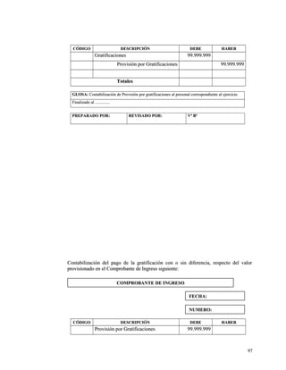CCÓÓDDIIGGOO DDEESSCCRRIIPPCCIIÓÓNN DDEEBBEE HHAABBEERR 
GGrraattiiffiiccaacciioonneess 9999..999999..999999 
PPrroovviissiióónn ppoorr GGrraattiiffiiccaacciioonneess 9999..999999..999999 
TToottaalleess 
GGLLOOSSAA:: CCoonnttaabbiilliizzaacciióónn ddee PPrroovviissiióónn ppoorr ggrraattiiffiiccaacciioonneess aall ppeerrssoonnaall ccoorrrreessppoonnddiieennttee aall eejjeerrcciicciioo 
FFiinnaalliizzaaddoo aall ............................ 
PPRREEPPAARRAADDOO PPOORR:: RREEVVIISSAADDOO PPOORR:: VVº BBº 
CCoonnttaabbiilliizzaacciióónn ddeell ppaaggoo ddee llaa ggrraattiiffiiccaacciióónn ccoonn oo ssiinn ddiiffeerreenncciiaa,, rreessppeeccttoo ddeell vvaalloorr 
pprroovviissiioonnaaddoo eenn eell CCoommpprroobbaannttee ddee IInnggrreessoo ssiigguuiieennttee:: 
CCÓÓDDIIGGOO DDEESSCCRRIIPPCCIIÓÓNN DDEEBBEE HHAABBEERR 
PPrroovviissiióónn ppoorr GGrraattiiffiiccaacciioonneess 9999..999999..999999 
9977 
CCOOMMPPRROOBBAANNTTEE DDEE IINNGGRREESSOO 
FFEECCHHAA:: 
NNUUMMEERROO:: 
 