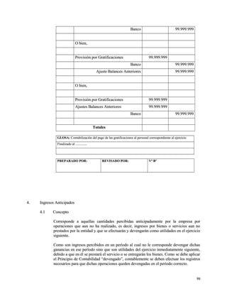 BBaannccoo 9999..999999..999999 
OO bbiieenn,, 
PPrroovviissiióónn ppoorr GGrraattiiffiiccaacciioonneess 9999..999999..999999 
BBaannccoo 9999..999999..999999 
AAjjuussttee BBaallaanncceess AAnntteerriioorreess 9999..999999..999999 
OO bbiieenn,, 
PPrroovviissiióónn ppoorr GGrraattiiffiiccaacciioonneess 9999..999999..999999 
AAjjuusstteess BBaallaanncceess AAnntteerriioorreess 9999..999999..999999 
BBaannccoo 9999..999999..999999 
TToottaalleess 
GGLLOOSSAA:: CCoonnttaabbiilliizzaacciióónn ddeell ppaaggoo ddee llaass ggrraattiiffiiccaacciioonneess aall ppeerrssoonnaall ccoorrrreessppoonnddiieennttee aall eejjeerrcciicciioo 
FFiinnaalliizzaaddoo aall ............................ 
PPRREEPPAARRAADDOO PPOORR:: RREEVVIISSAADDOO PPOORR:: VVº BBº 
44.. IInnggrreessooss AAnnttiicciippaaddooss 
44..11 CCoonncceeppttoo 
CCoorrrreessppoonnddee aa aaqquueellllaass ccaannttiiddaaddeess ppeerrcciibbiiddaass aannttiicciippaaddaammeennttee ppoorr llaa eemmpprreessaa ppoorr 
ooppeerraacciioonneess qquuee aauunn nnoo hhaa rreeaalliizzaaddoo,, eess ddeecciirr,, iinnggrreessooss ppoorr bbiieenneess oo sseerrvviicciiooss aauunn nnoo 
pprreessttaaddooss ppoorr llaa eennttiiddaadd yy qquuee ssee eeffeeccttuuaarráánn yy ddeevveennggaarráánn ccoommoo uuttiilliiddaaddeess eenn eell eejjeerrcciicciioo 
ssiigguuiieennttee.. 
CCoommoo ssoonn iinnggrreessooss ppeerrcciibbiiddooss eenn uunn ppeerrííooddoo aall ccuuaall nnoo llee ccoorrrreessppoonnddee ddeevveennggaarr ddiicchhaass 
ggaannaanncciiaass eenn eessee ppeerrííooddoo ssiinnoo qquuee ssoonn uuttiilliiddaaddeess ddeell eejjeerrcciicciioo iinnmmeeddiiaattaammeennttee ssiigguuiieennttee,, 
ddeebbiiddoo aa qquuee eenn ééll ssee pprreessttaarráá eell sseerrvviicciioo oo ssee eennttrreeggaarráánn llooss bbiieenneess.. CCoommoo ssee ddeebbee aapplliiccaarr 
eell PPrriinncciippiioo ddee CCoonnttaabbiilliiddaadd ““ddeevveennggaaddoo””,, ccoonnttaabblleemmeennttee ssee ddeebbeenn eeffeeccttuuaarr llooss rreeggiissttrrooss 
nneecceessaarriiooss ppaarraa qquuee ddiicchhaass ooppeerraacciioonneess qquueeddeenn ddeevveennggaaddaass eenn eell ppeerrííooddoo ccoorrrreeccttoo.. 
9988 
 